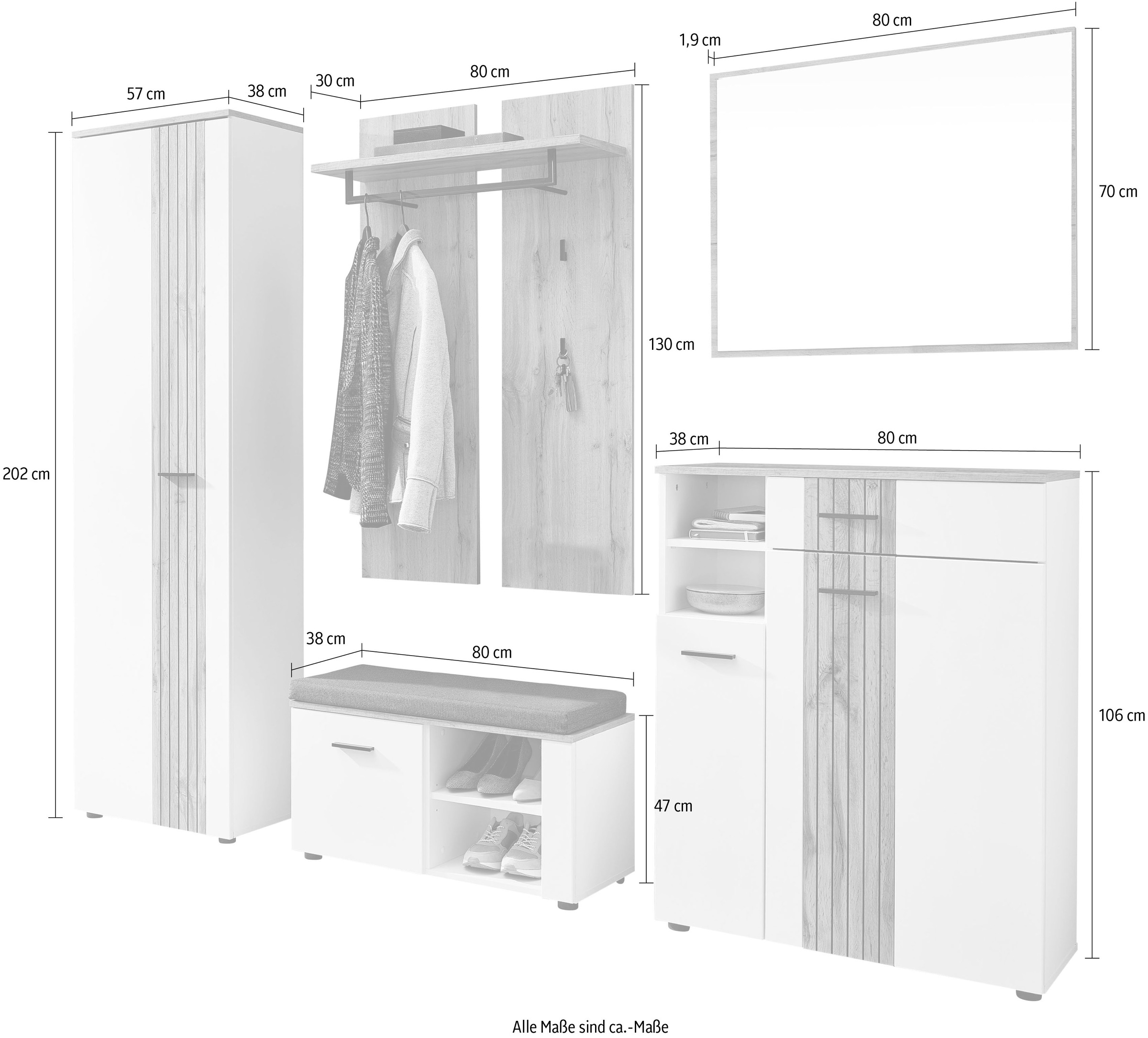 Innostyle Garderoben-Set »Garderobenset Sparks, 247x202x38cm (B/H/T)«, (5 St.)
