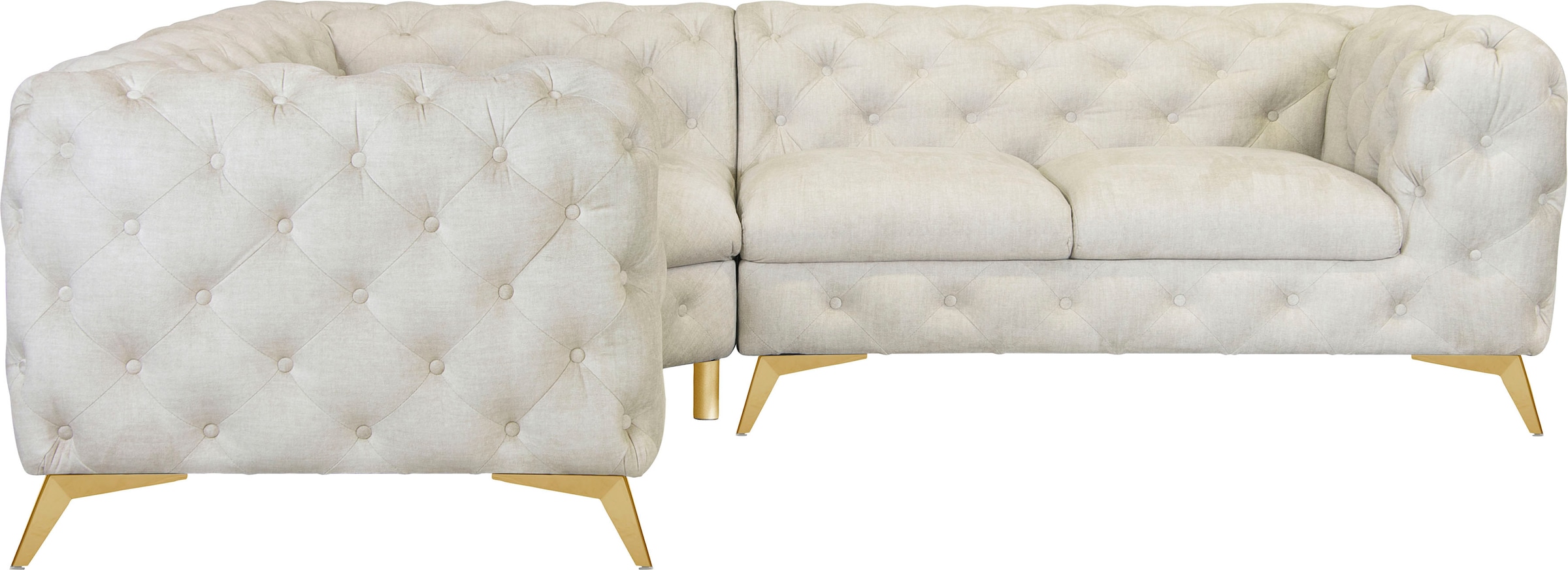 Leonique Chesterfield-Sofa »Ecksofa GLYNIS L-Form mit Wellenunterfederung, Maße B/T/H 264/264/75cm«, aufwändige Knopfheftung, moderne Chesterfield Optik, Fußfarbe wählbar