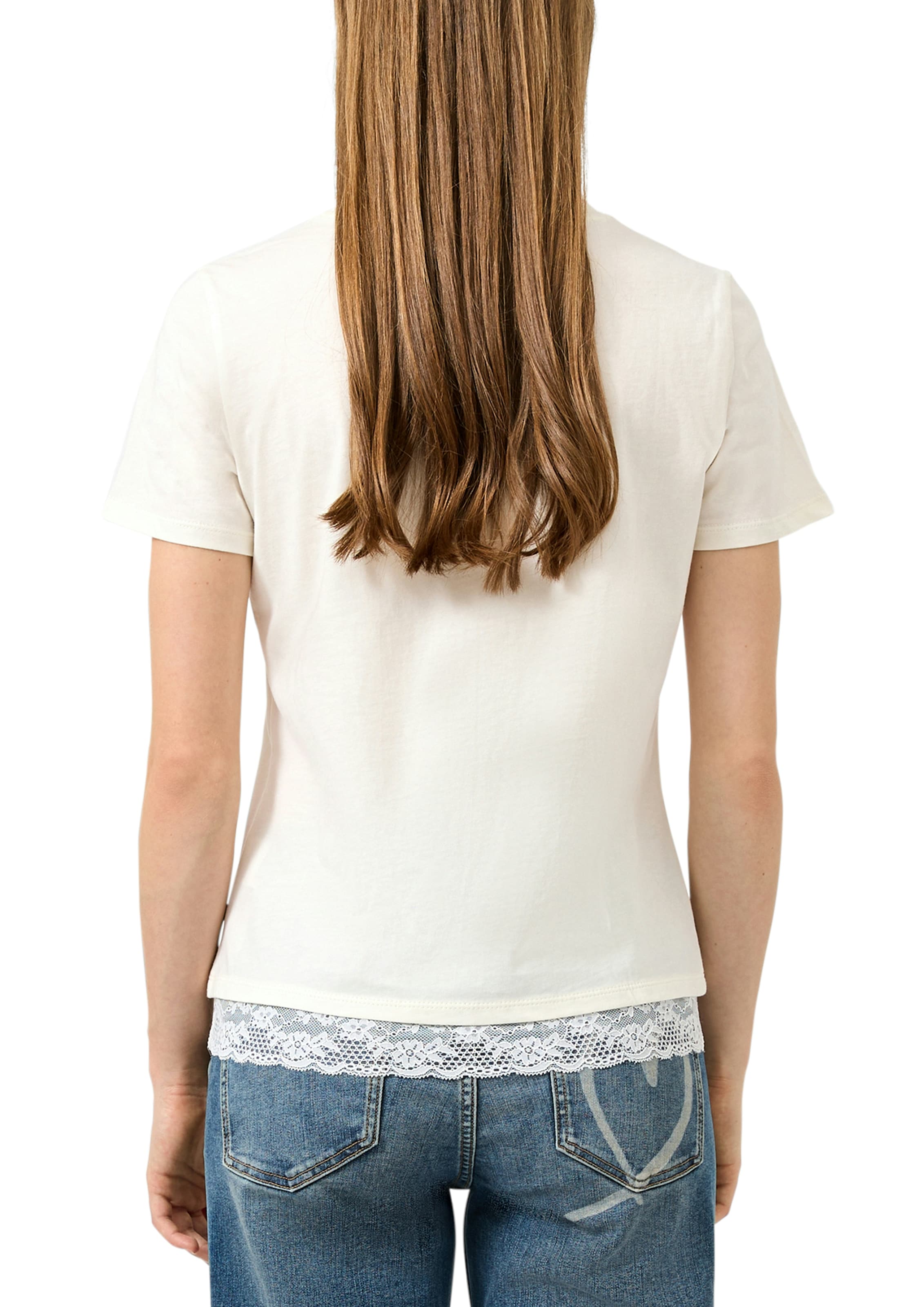 QS Rundhalsshirt mit Letter-Print und Spitze am Saum