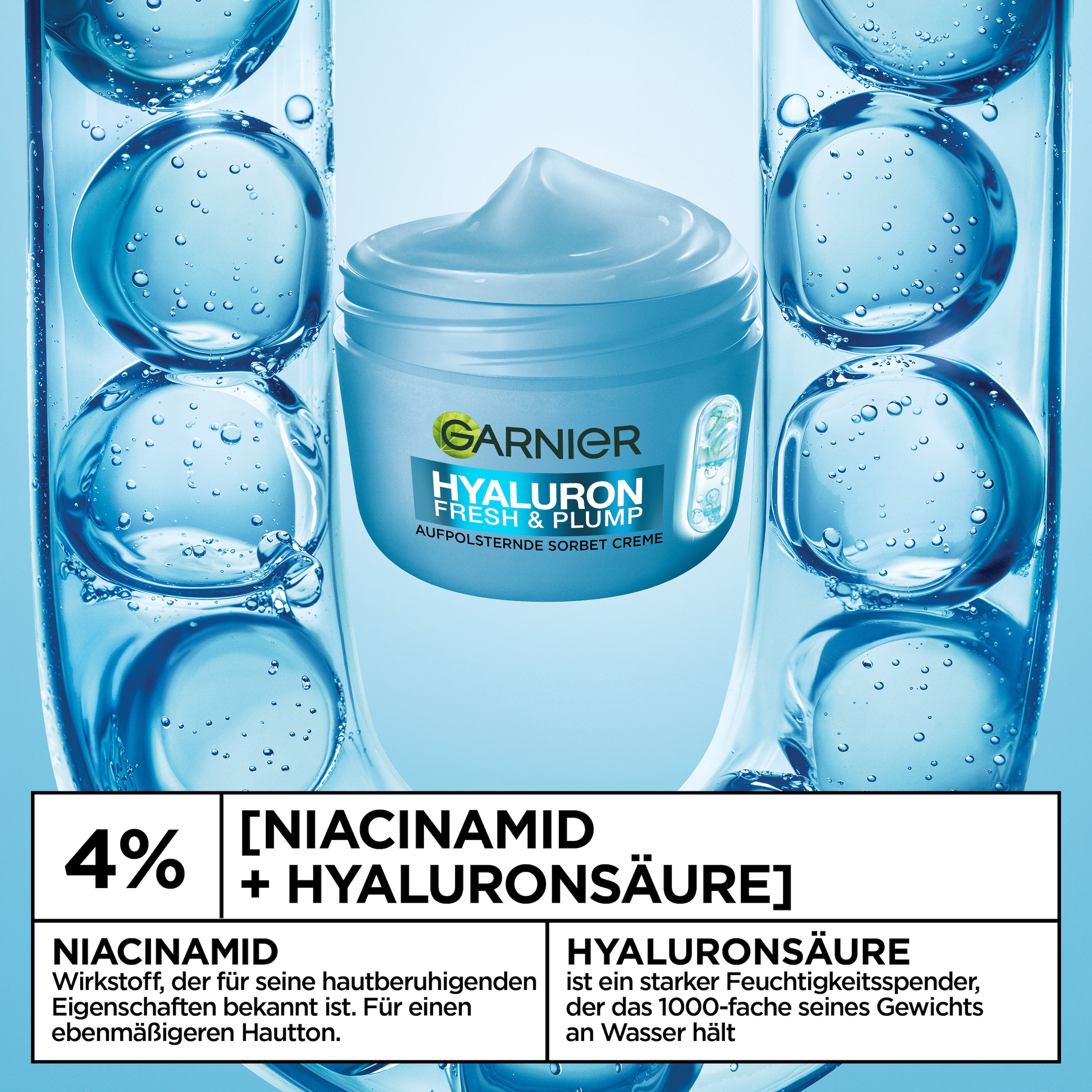 GARNIER Feuchtigkeitscreme »FRESH & PLUMP HYALURON SORBET CREME« für einen ebenmäßigen Hautton