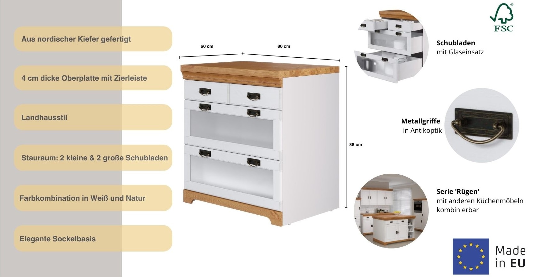 Home affaire Unterschrank »Rügen«, Breite 80 cm, Kiefer massiv, Schubkästen mit Glaseinsatz