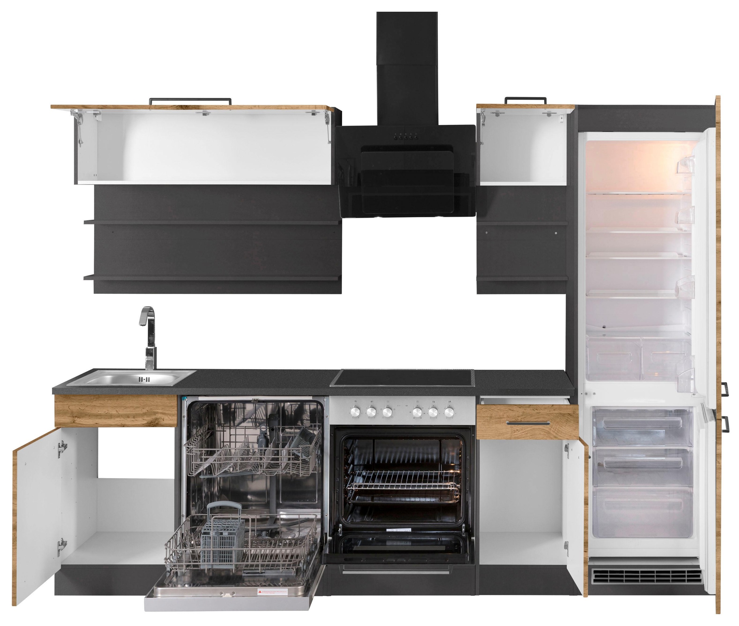 KOCHSTATION Küchenzeile »KS-Tulsa«, mit E-Geräten, Breite 270 cm, schwarze Metallgriffe, MDF Fronten