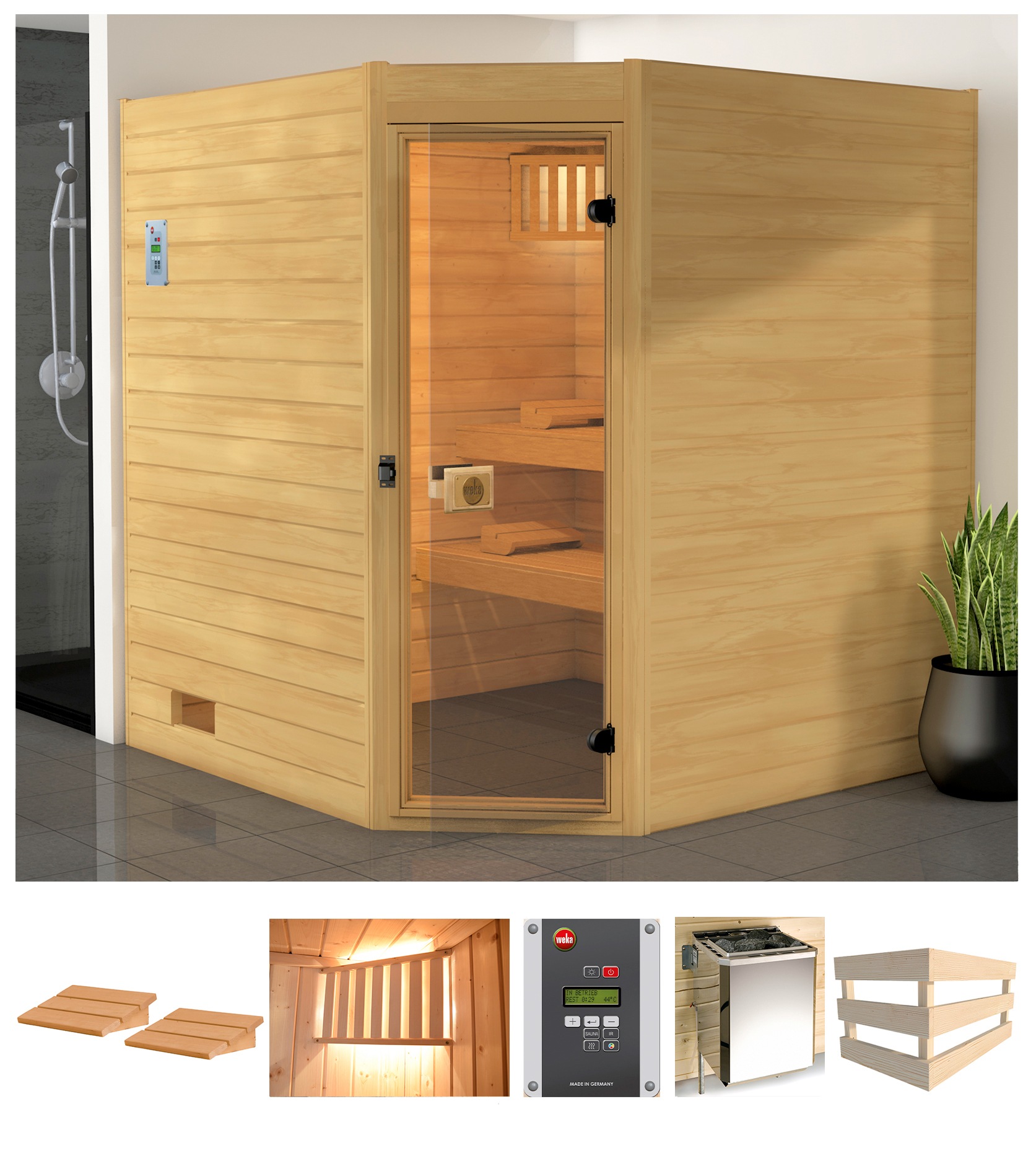 weka Sauna »Vaasa 2 Eck«, 7,5 kW Bio-Kombiofen mit ext. Steuerung