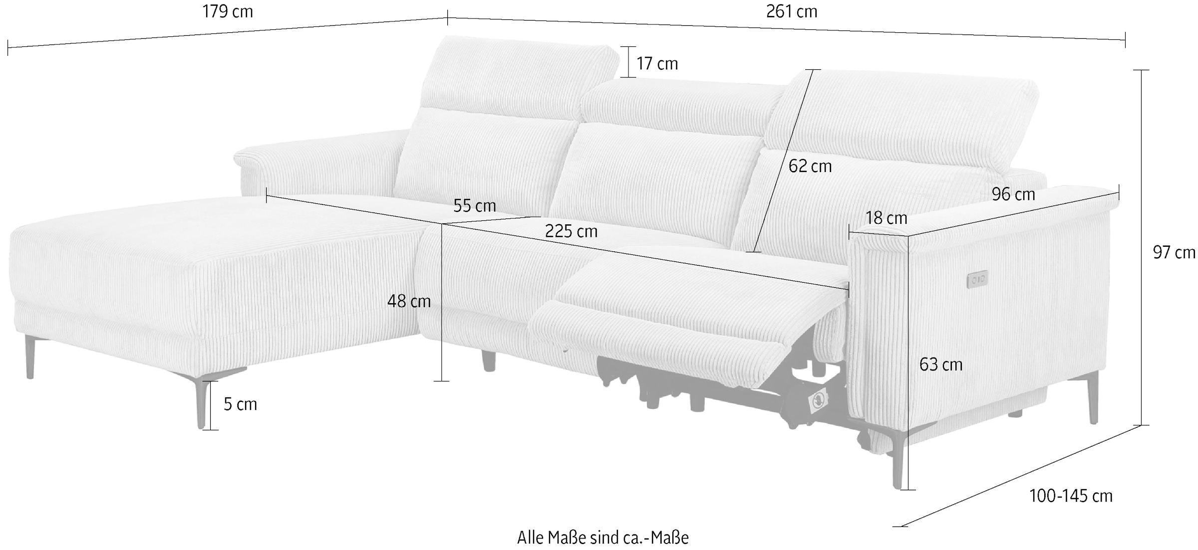 Places of Style Ecksofa »Lund in Cord, L-Form, 261 cm, manuelle und elektr. Relaxfunktion,«, USB-A und Kopfteilverstellung