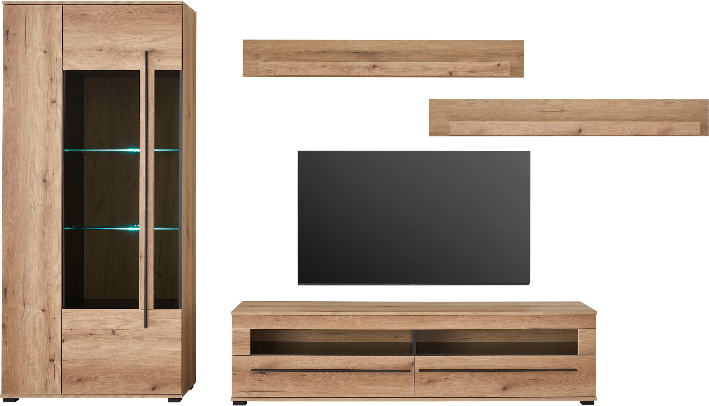 INOSIGN Wohnwand »Cantara, moderne Anbauwand, Wohnzimmer-Set, in Eiche Evoke oder Weiß«, (Set), enthält eine Vitrine, ein Lowboard und zwei Wandboards
