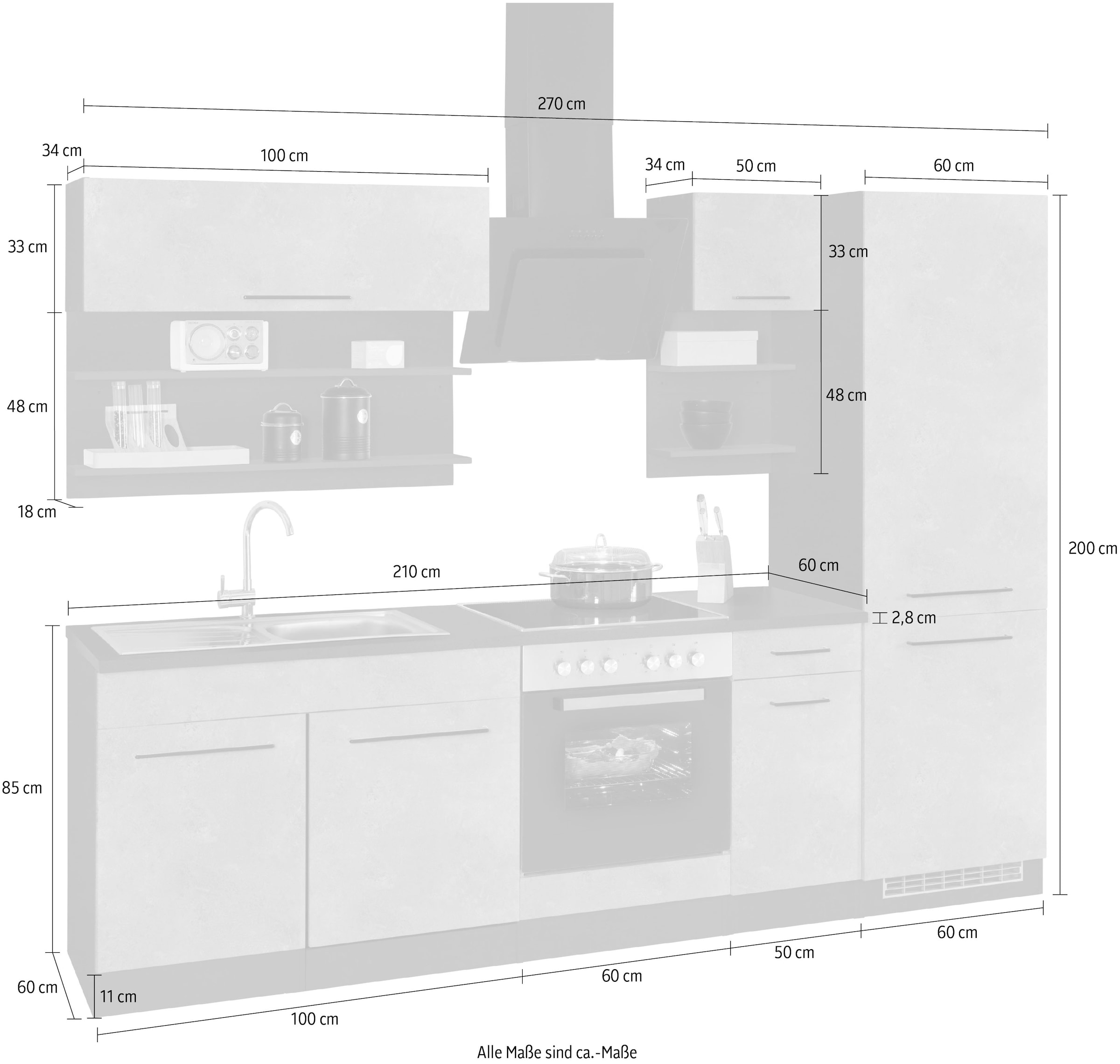 KOCHSTATION Küchenzeile »KS-Tulsa«, mit E-Geräten, Breite 270 cm, schwarze Metallgriffe, MDF Fronten