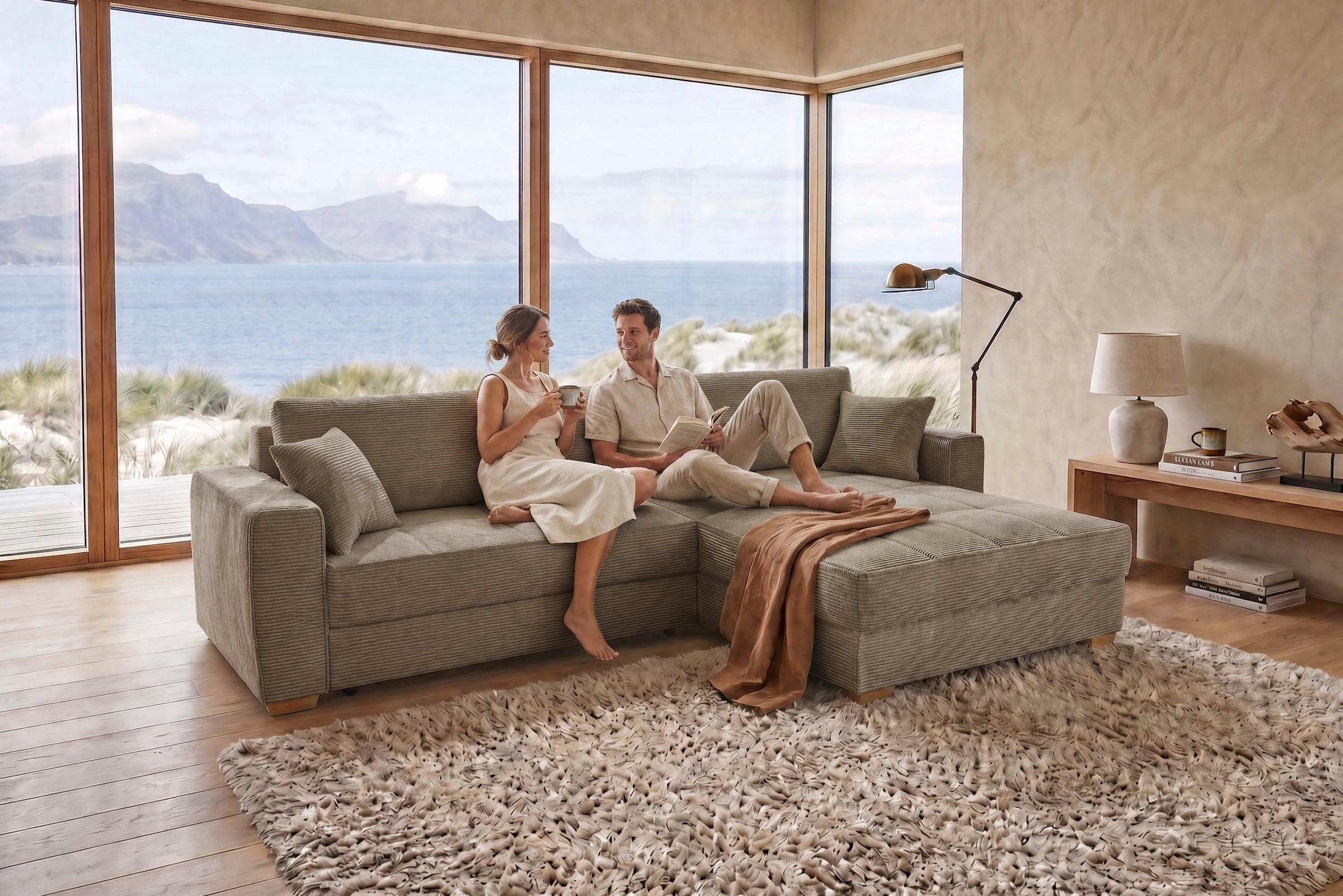 Jockenhöfer Gruppe Ecksofa »Bologna, L-Form, Breite: 298 cm, Cord-Bezug, beidseitig montierbar« mit Schlaffunktion, Bettkasten & Zierkissen, XXL-Ottomane
