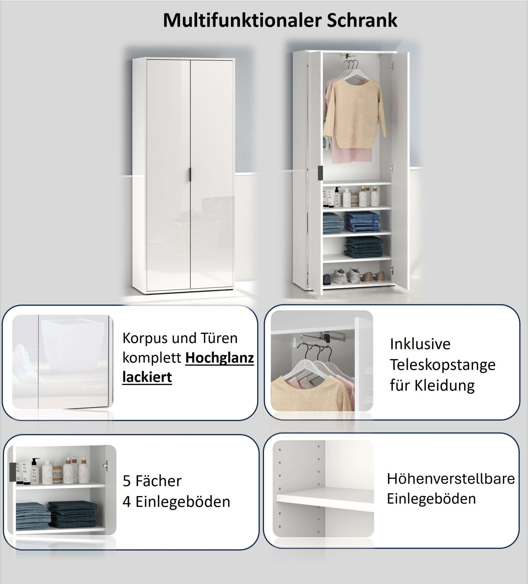INOSIGN Mehrzweckschrank »Stauraumschrank , Breite 72,5 cm , Höhe 178 cm« 1 Stk. tlg. 2 Türen, 4 Einlegeböden,1 Auszugsstange - Schrank hochglanz lackiert