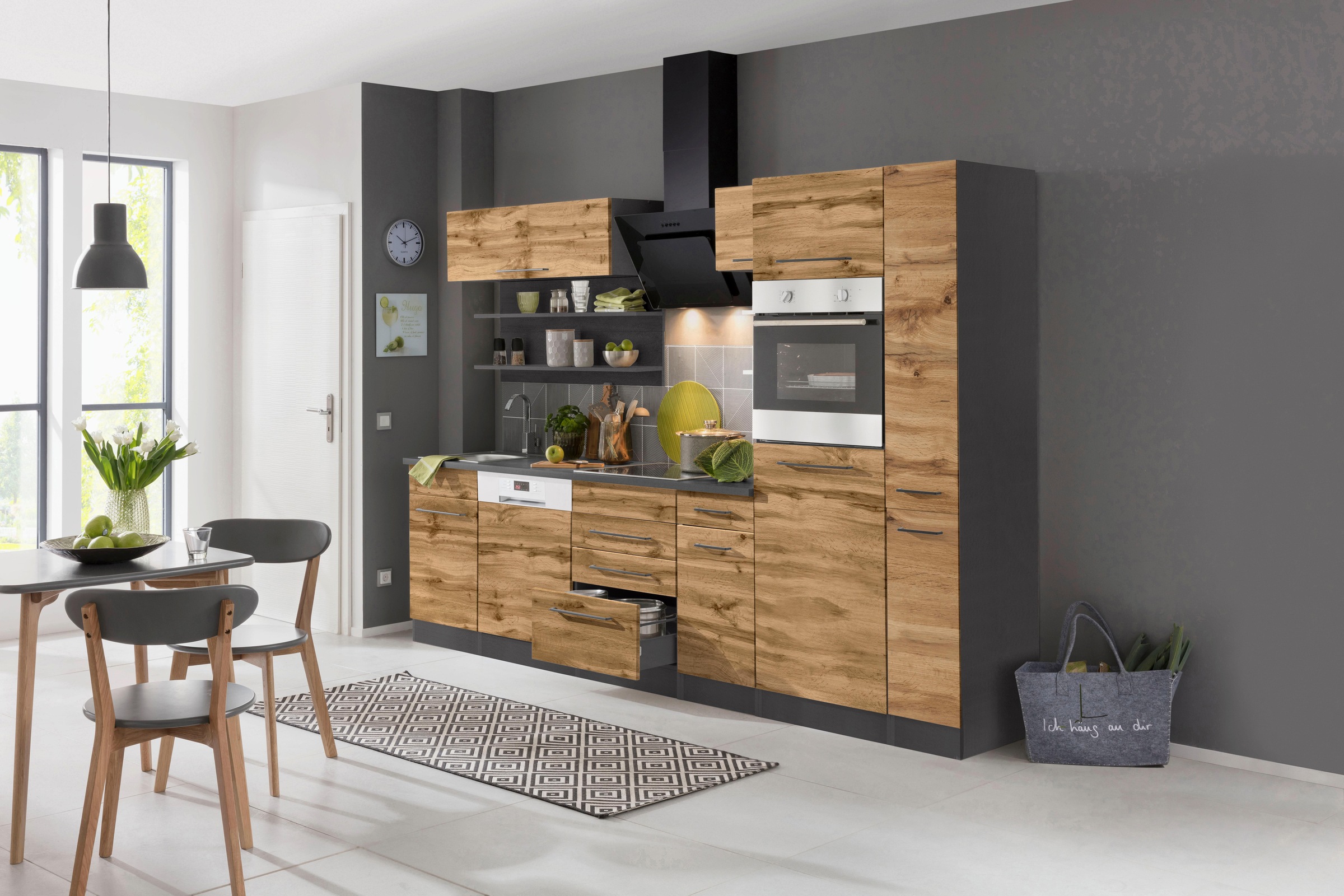 KOCHSTATION Küchenzeile »KS-Tulsa«, ohne E-Geräte, Breite 270 cm, schwarze Metallgriffe, MDF Fronten
