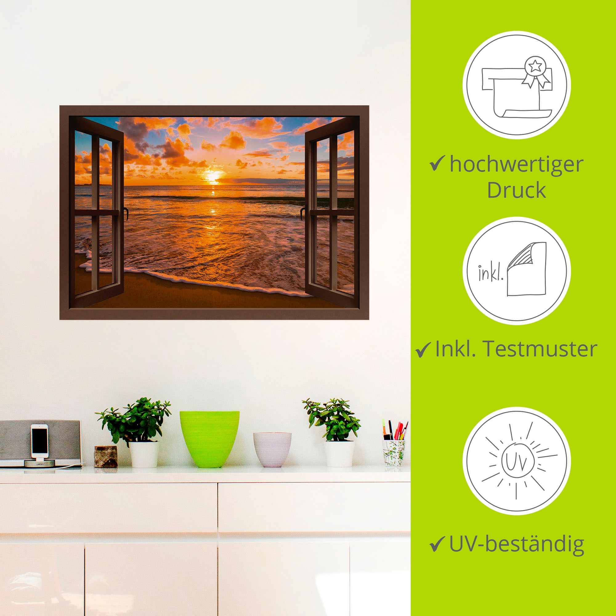 Artland Wandbild »Fensterblick Sonnenuntergang am Strand«, Sonnenaufgang & -untergang, (1 St.), als Leinwandbild, Poster, Wandaufkleber in verschied. Größen