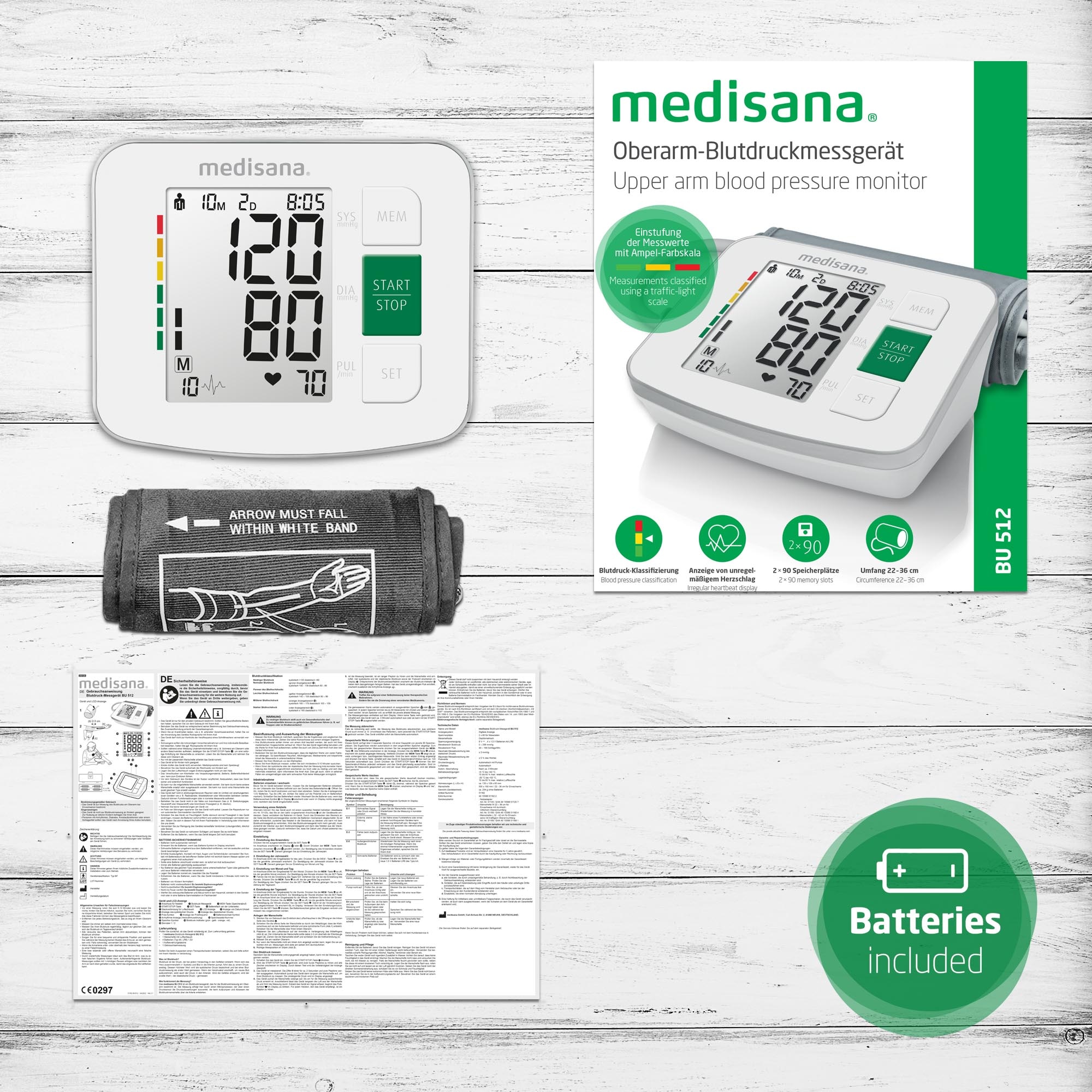 Medisana Oberarm-Blutdruckmessgerät »BU 512«, unregelmäßige Herzschlaganzeige, Je 90 Speicherplätze, große Ziffern
