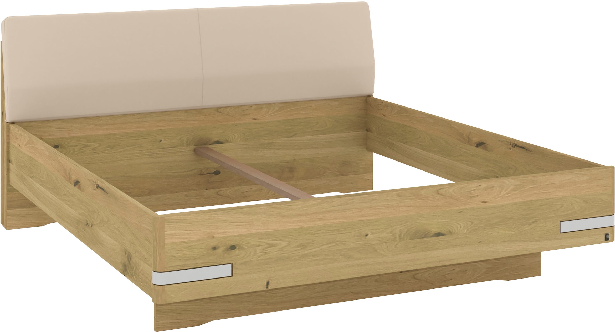 Musterring Holzbett »Savona, Bettgestell, Bettrahmen, teilmassiv Bianco-Eiche«, (Belastbarkeit 220 Kg, 4-fache Liegehöhenverstellung, MADE IN GERMANY), Kopfteil Kunstleder Champagner, Details in Chrom, verschiedene Größen