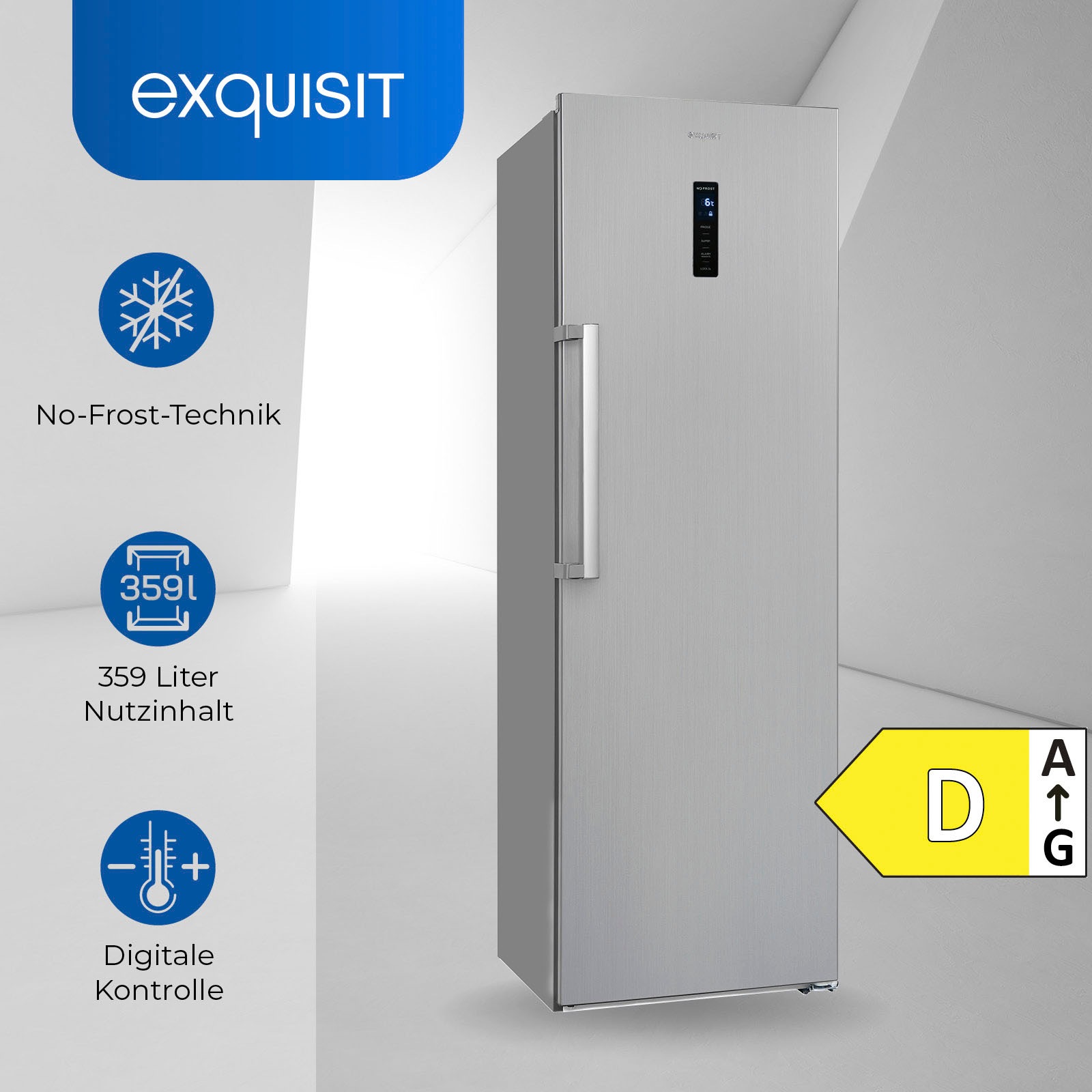 exquisit Vollraumkühlschrank »KS360-V-HE-040D«, 359 Liter Nutzinhalt, NoFrost, Display