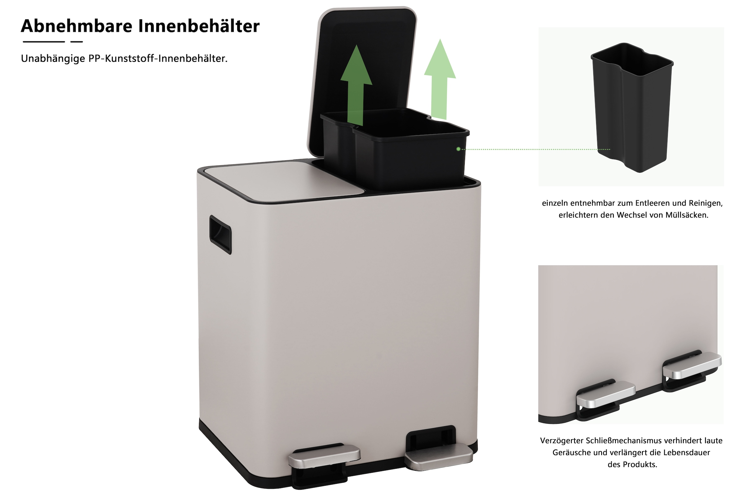 OTTO home Mülleimer »Garrin, Soft Close, m. 2 Fächern, Fassungsvermögen 2x15 L bzw. 2x30 L« 2 Behälter Mülltrennsystem mit 2 separaten Innenbehältern und Fußtrittpedalen