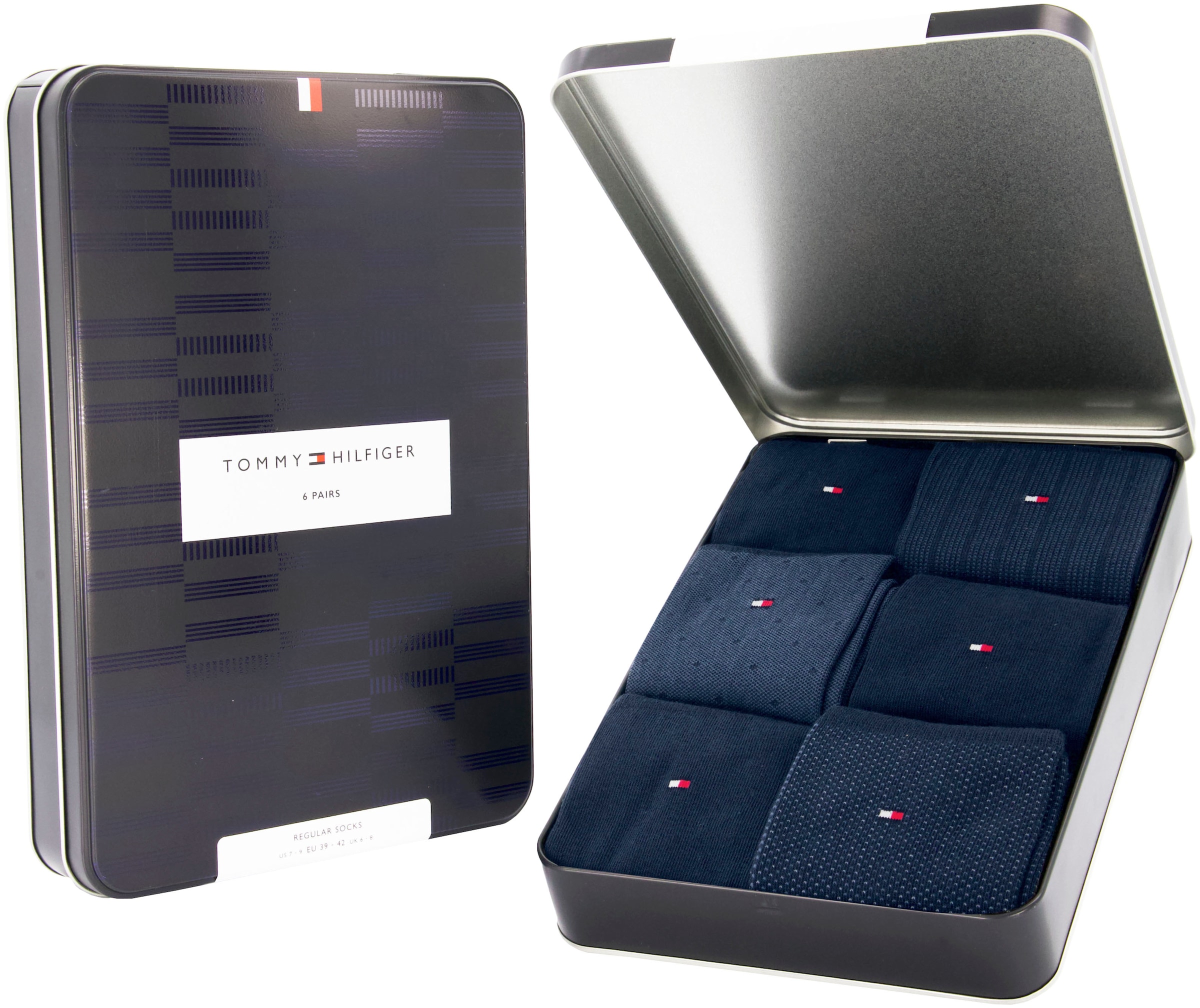 Tommy Hilfiger Socken »TH MEN SOCK 6P TIN GIFTBOX BIRDSEYE«, (Box, 6 Paar), mit gesticketem Flag-Label