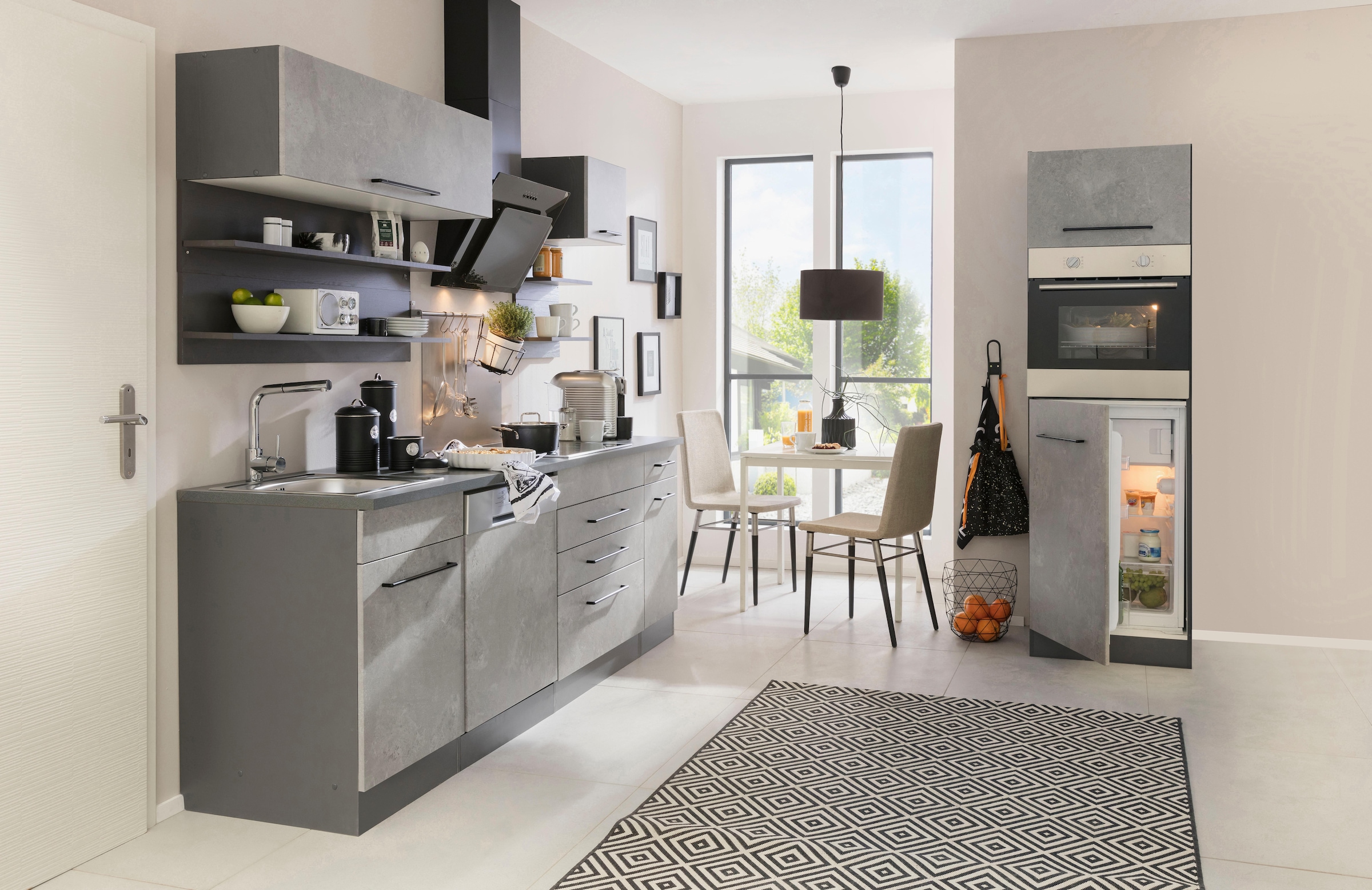 KOCHSTATION Küchenzeile »KS-Tulsa«, ohne E-Geräte, Breite 290 cm, schwarze Metallgriffe, MDF Fronten