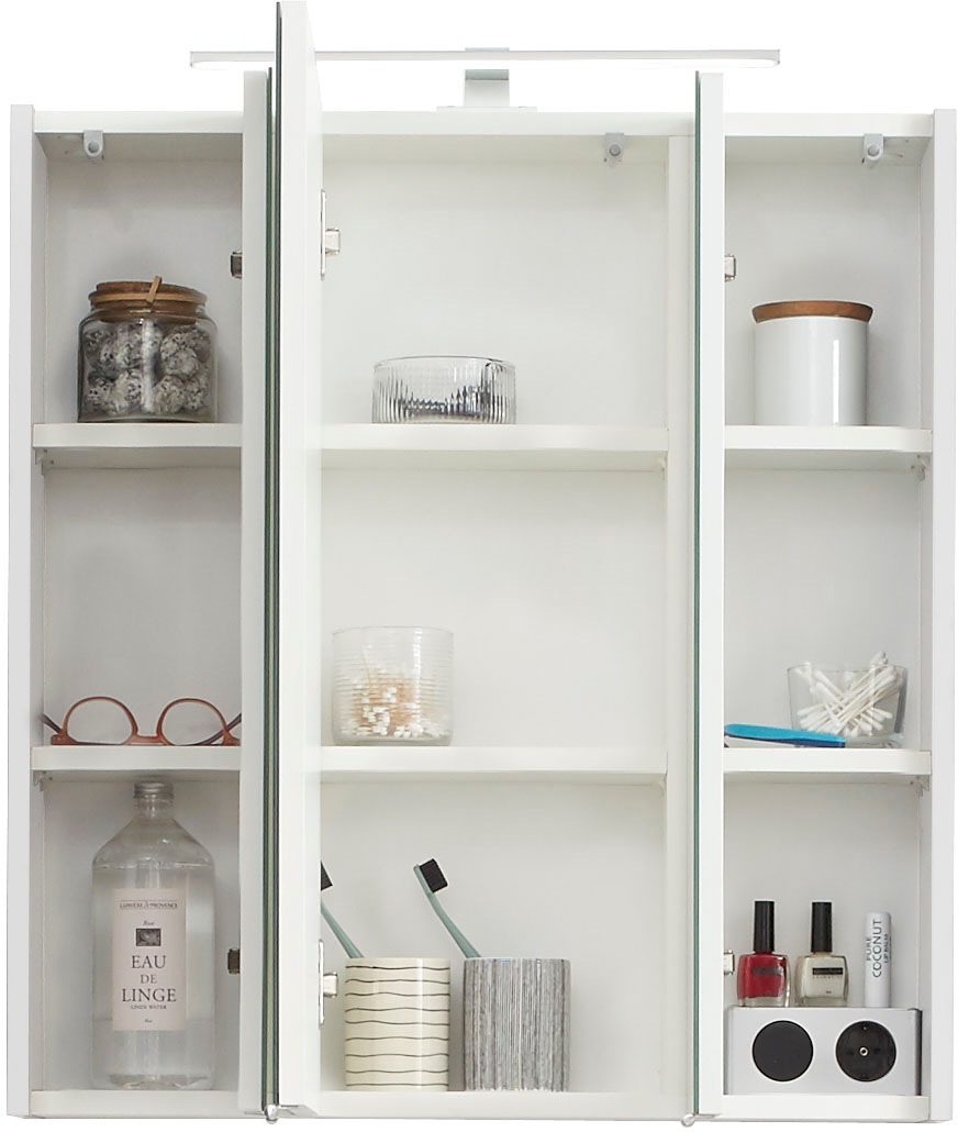 Saphir Spiegelschrank »Quickset 857 Badschrank, 3 Spiegeltüren, 6 Einlegeböden, 65 cm breit«, inkl. LED-Beleuchtung, Türdämpfer, Schalter-/Steckdosenkombination