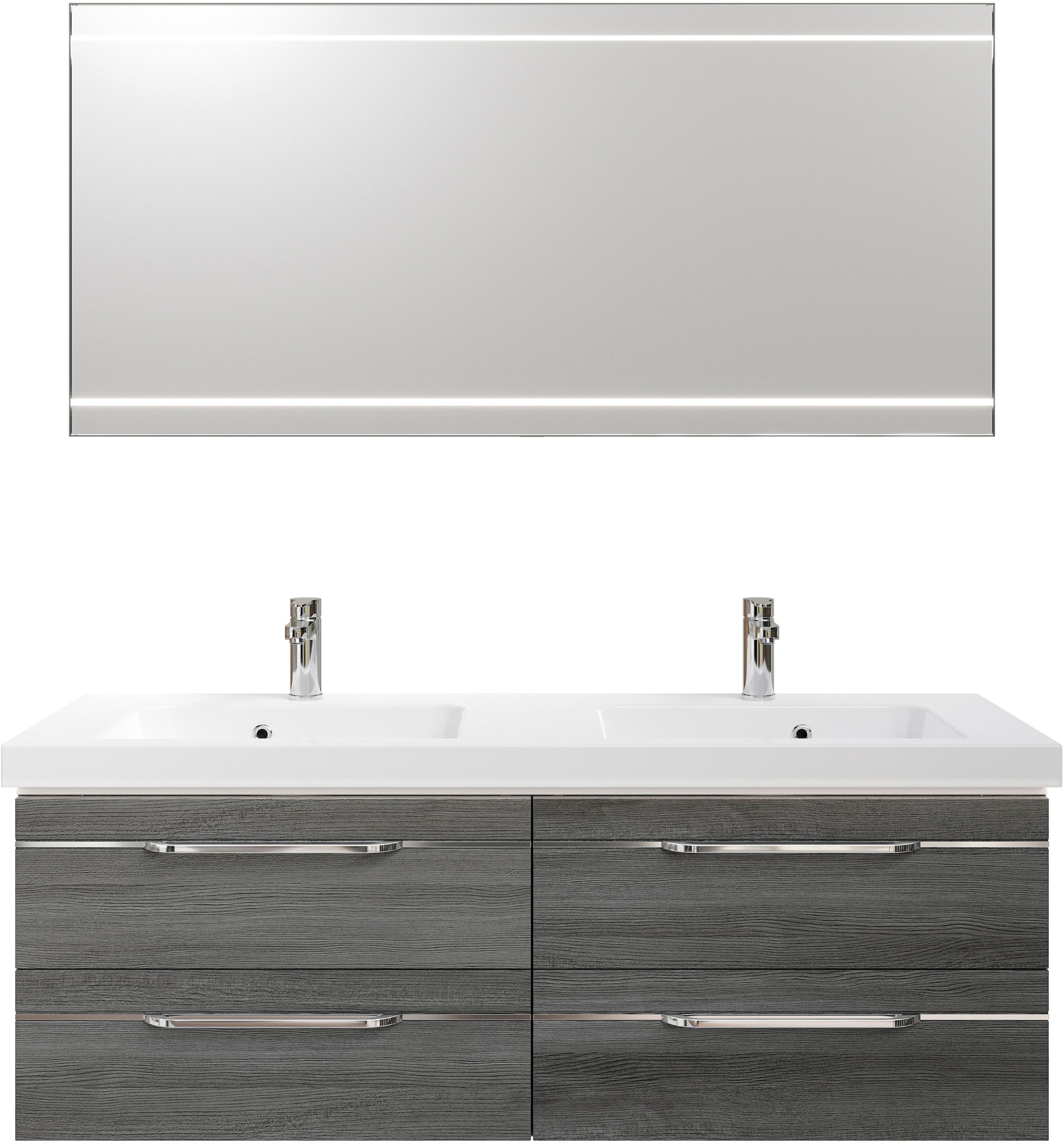 Saphir Badmöbel-Set »Balto 2-teilig Mineralmarmor-Doppelwaschtisch mit LED-Spiegel«, (2 St.), Waschplatz 150 cm breit, 4 Schubladen, inkl. Schubladendämpfer