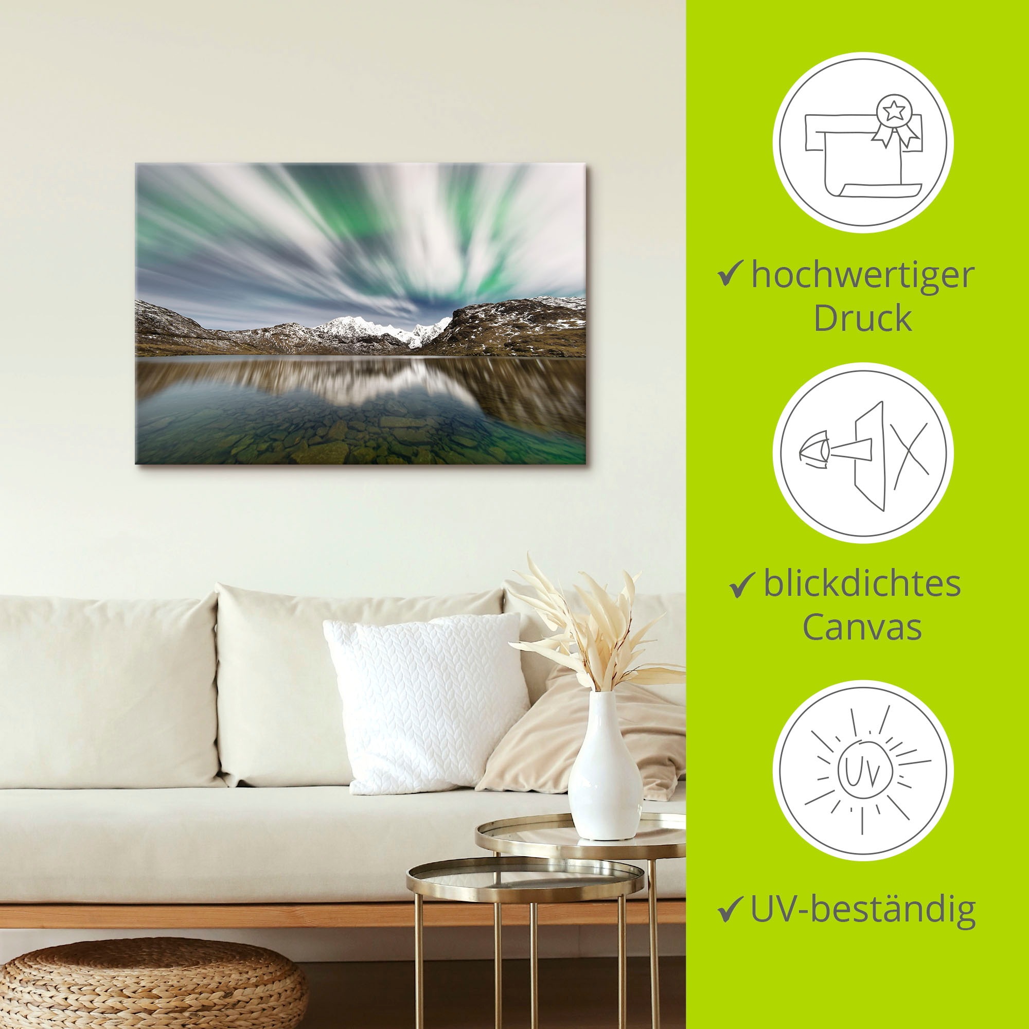 Artland Wandbild »Polarlicht über einer Bergkette«, Berge & Alpenbilder, (1 St.), als Alubild, Leinwandbild, Wandaufkleber oder Poster in versch. Größen