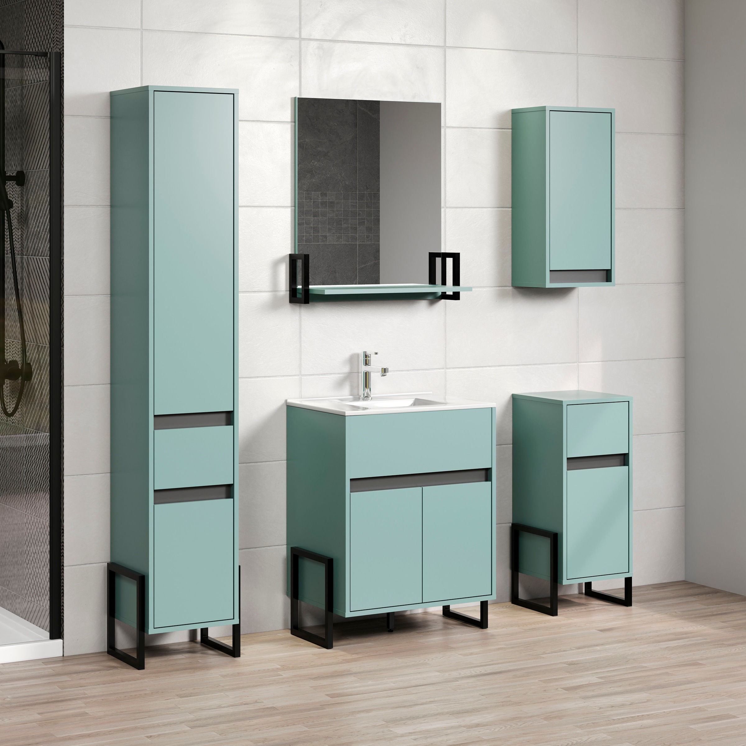welltime Hochschrank »Malcesine«, (1 St.), Griffloser Badschrank in Blau mit Metallgestell - (B/T/H) 36/35/190 cm