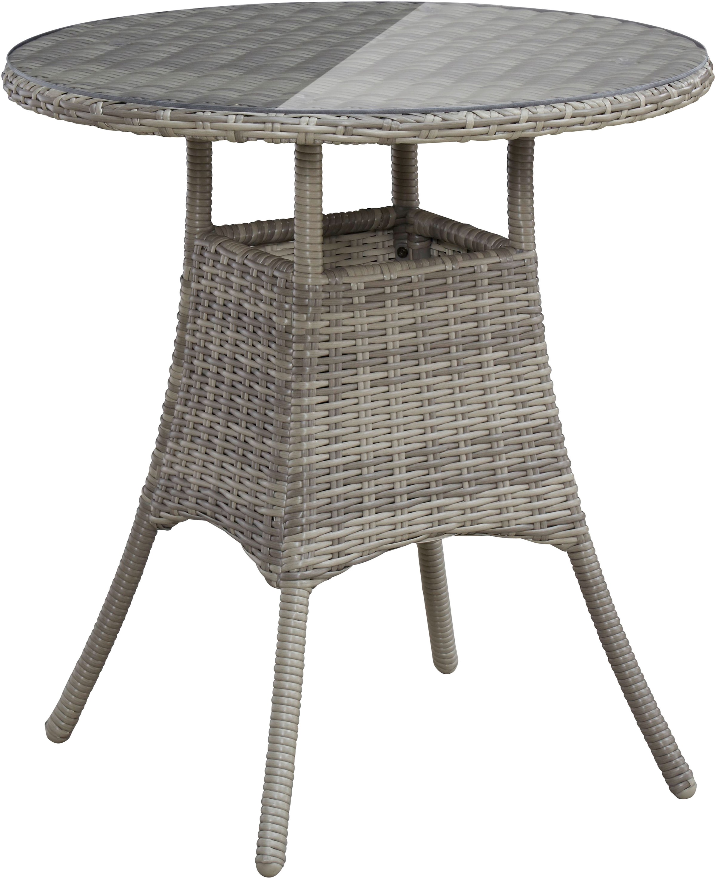 KONIFERA Garten-Essgruppe »Menorca«, (Set, 3 tlg., 2x Sessel, 1x Tisch Ø 70 cm, inkl. Auflagen, Polyrattan, Aluminium), Polyrattan, Aluminium, Tischplatte aus 5mm starkem Sicherheitsglas