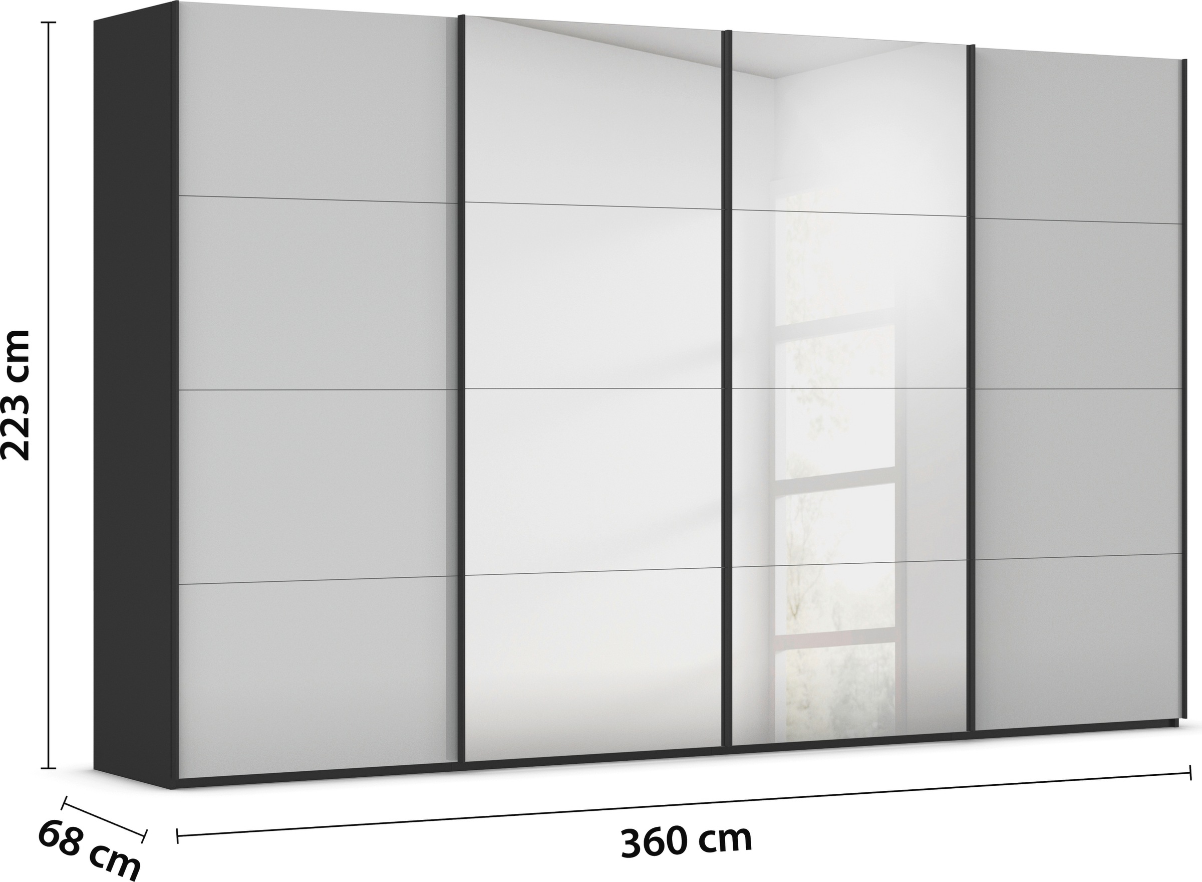 rauch Schwebetürenschrank »Kleiderschrank Schrank Garderobe Schlafzimmerschrank SCALE-FYRA«, edle viergeteilte Türen Spiegel/Glas-Mix viele Farben MADE IN GERMANY