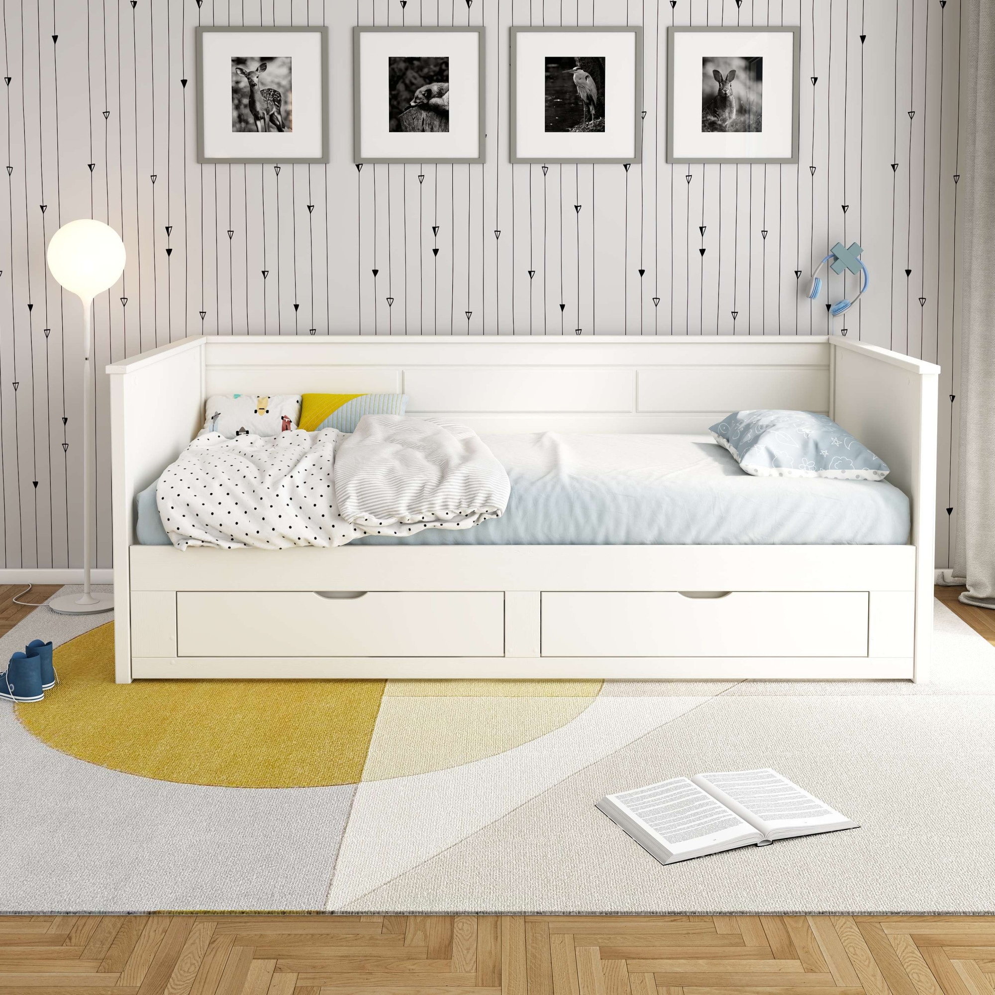 Home affaire Ausziehbett »Leorben, OTTOs Choice, Daybed, Jugendbett, Landhausstil, Massivholz«, (B/H/T ca. Liegefläche von 90cm auf 180cm ausziehbar 100x82x210cm), Liegefläche ausziehbar, 2 Schubladen, inkl. Lattenroste, Stauraumbett