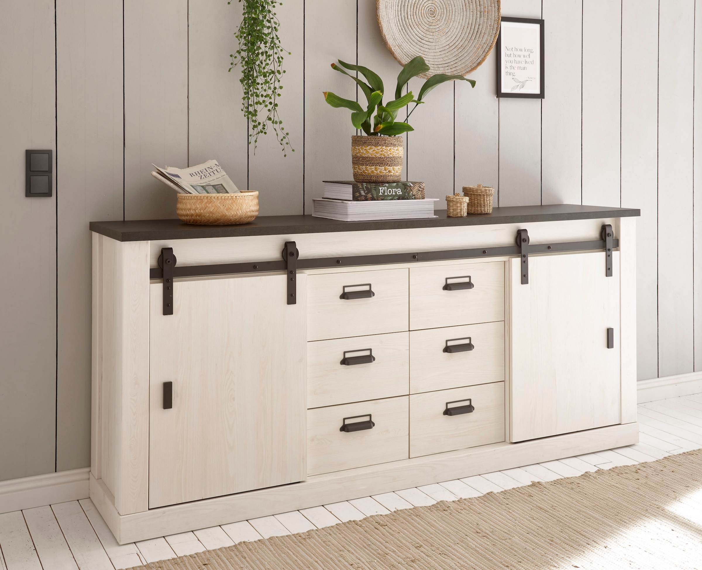 Home affaire Sideboard »SHERWOOD«, modernes Holz Dekor, mit Scheunentorbeschlag aus Metall, Breite 201 cm