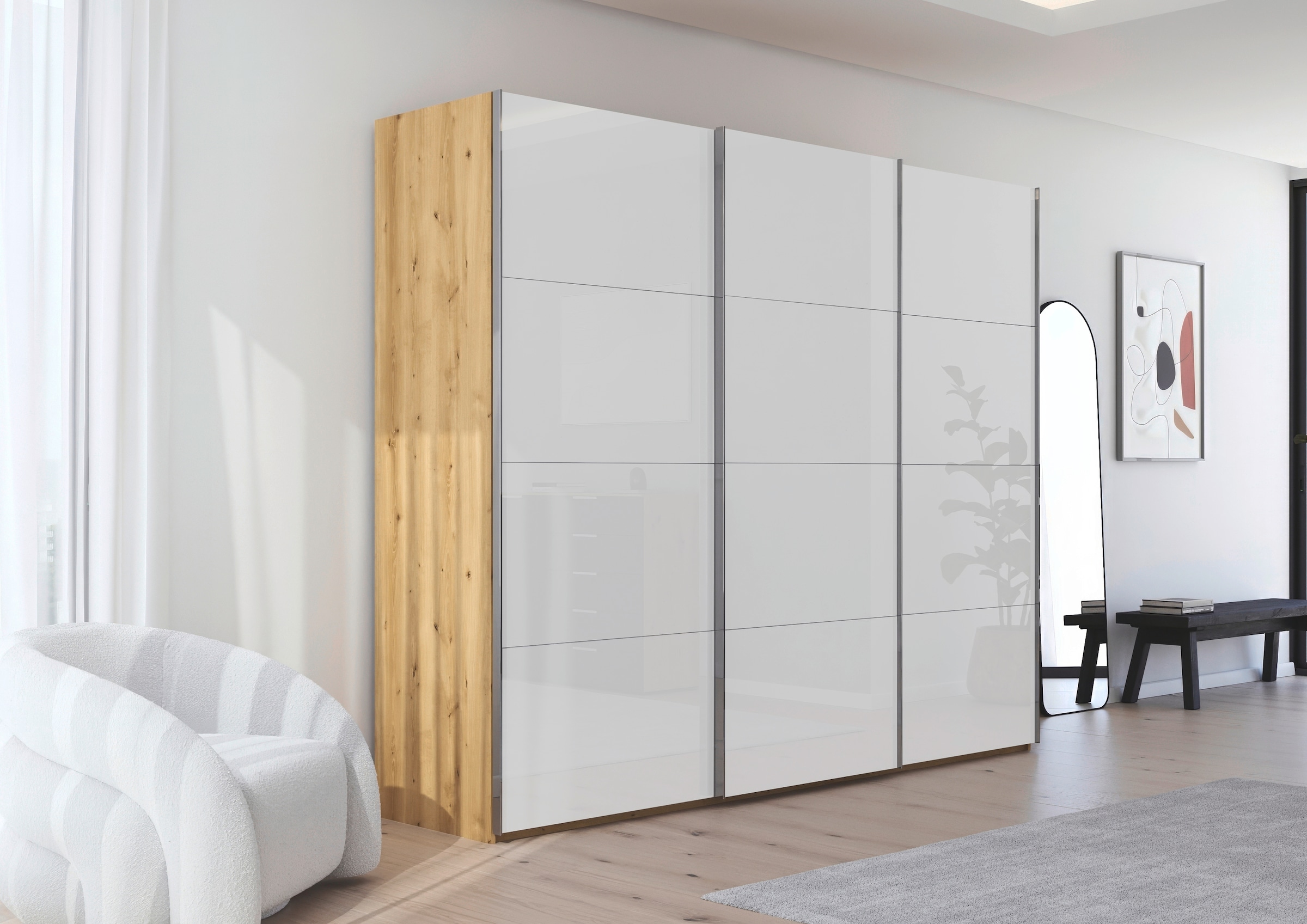 rauch Schwebetürenschrank »Kleiderschrank Schrank Garderobe Schlafzimmerschrank SCALE-FYRA«, edle viergeteilte Türen mit Glas-Front viele Farben MADE IN GERMANY
