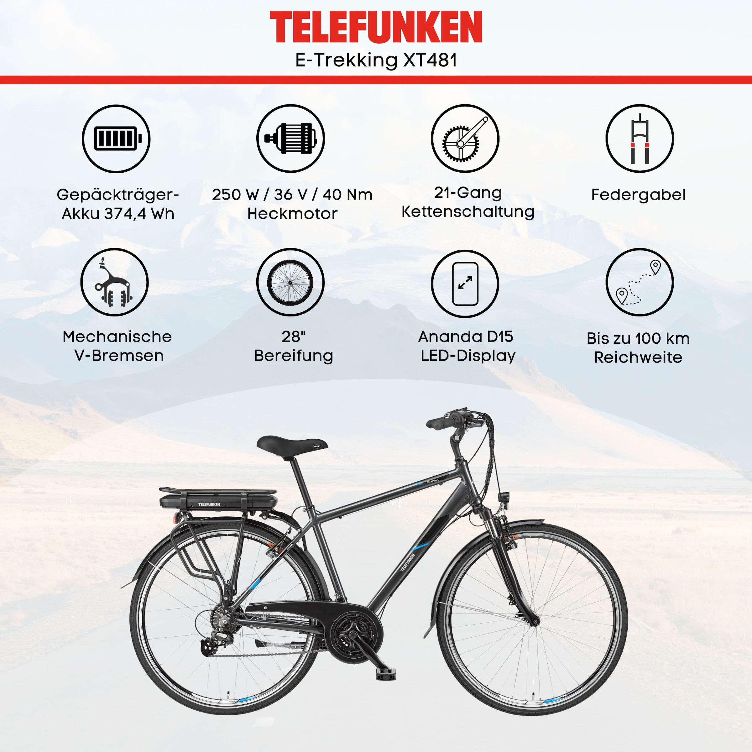 Telefunken E-Bike »Expedition XT481«, 21 Gang, Shimano, Heckmotor 250 W, (mit Fahrradtasche), Pedelec, Elektrofahrrad für Herren