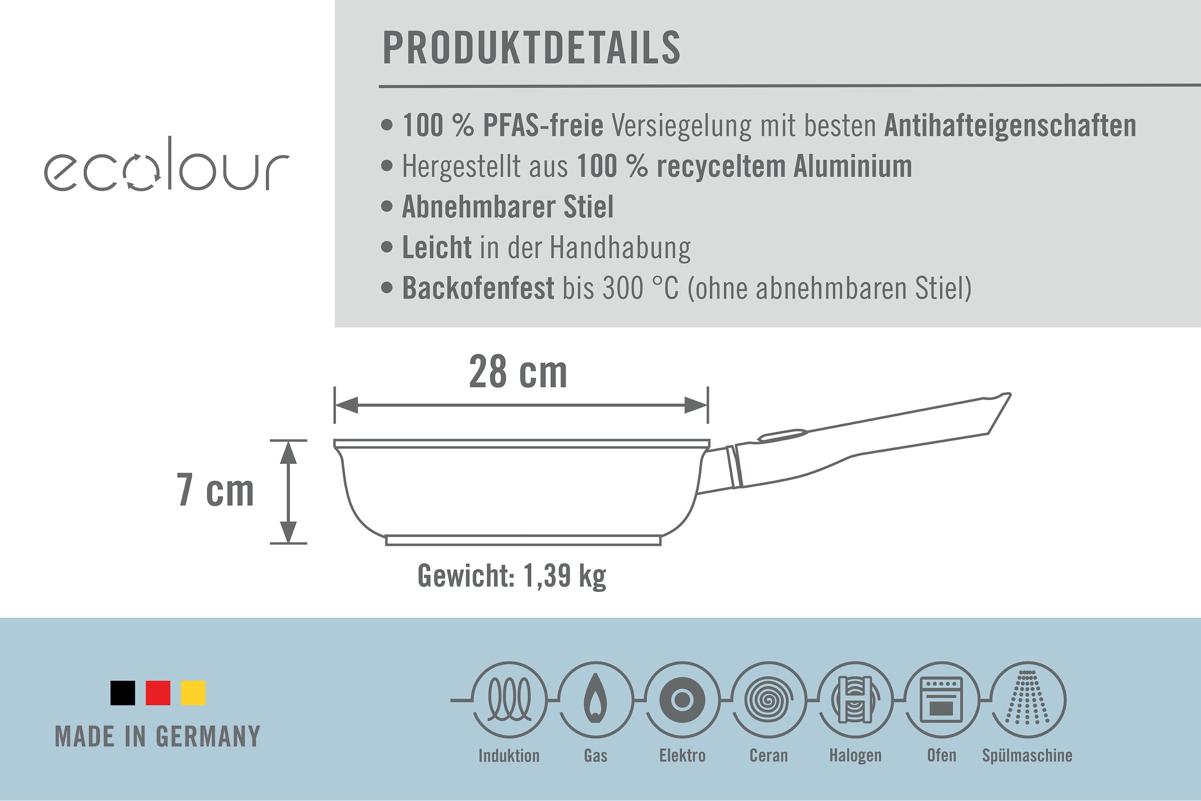 WOLL MADE IN GERMANY Bratpfanne »Ecolour, Hochrandpfanne Ø 28 cm inkl. Deckel« Aluminiumguss Set, 2 tlg. abnehmbarer Stiel
