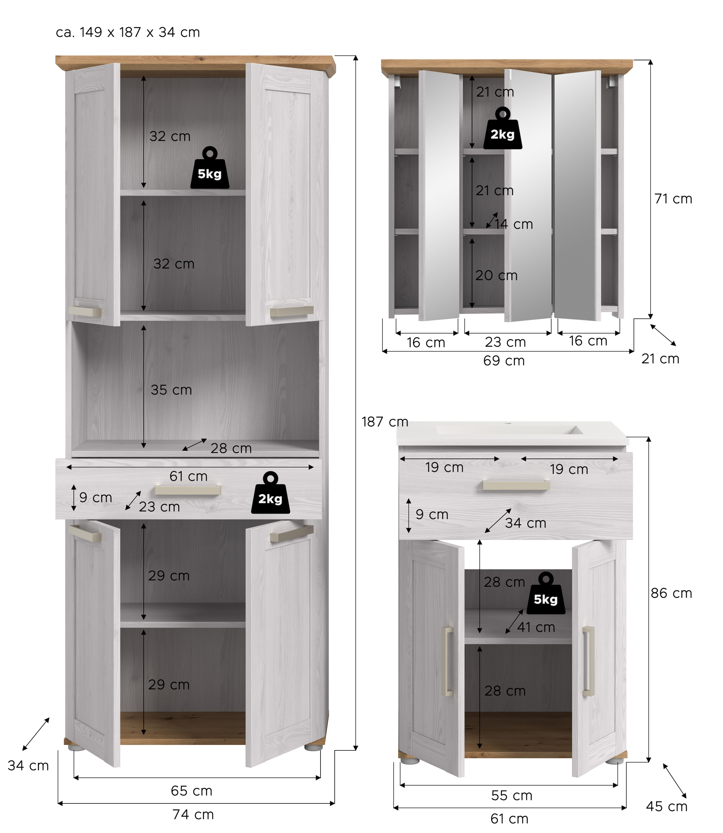welltime Badmöbel-Set »COSENZA« 1 Hochschrank, 1 Waschtisch inkl. Waschbecken, 1 Spiegelschrank, 3 Stk. tlg.