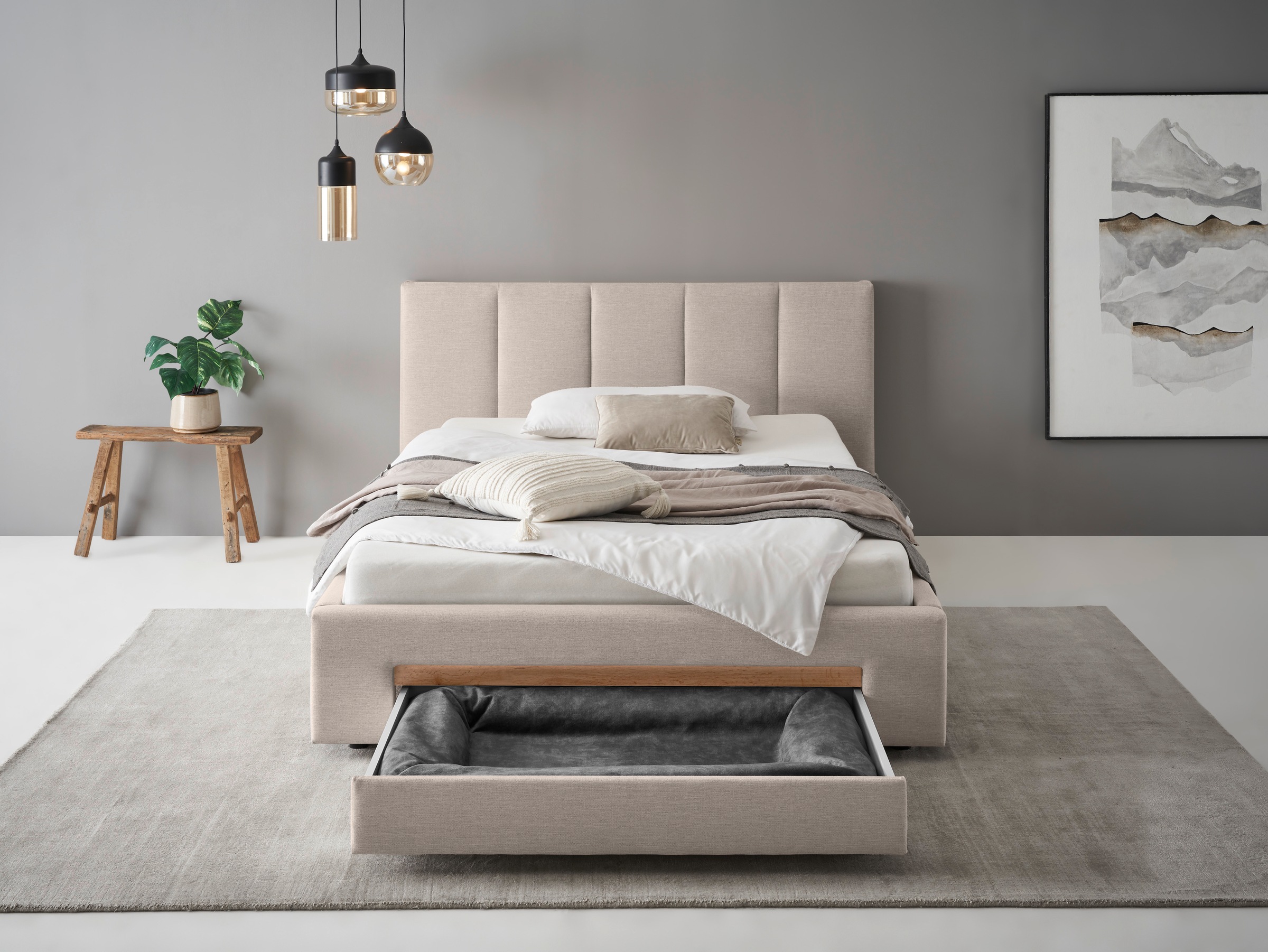 INOSIGN Polsterbett »CiTY/GiRON, Bettgestell mit Bettkasten, gepolstertes Stauraumbett«, mit Hundebett oder Stauraumschublade, Bezug Cord-oder Leinenoptik