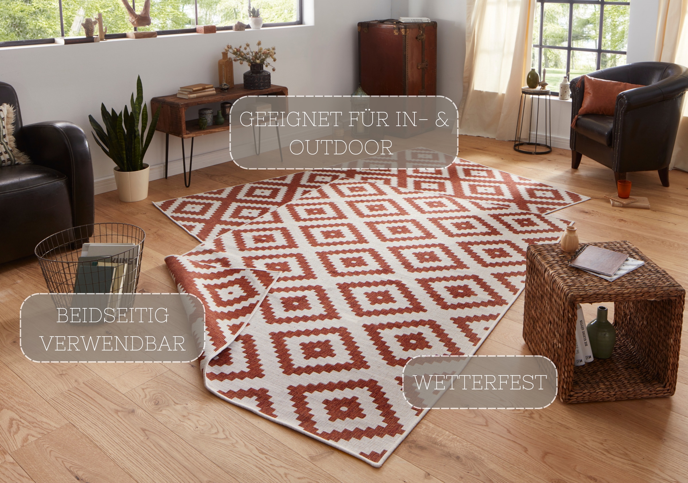 NORTHRUGS Teppich »Malta Wendeteppich«, rechteckig, 5 mm Höhe, In-& Outdoor, Wetterfest, Balkon, Terrasse, Raute, Läufer, Wohnzimmer