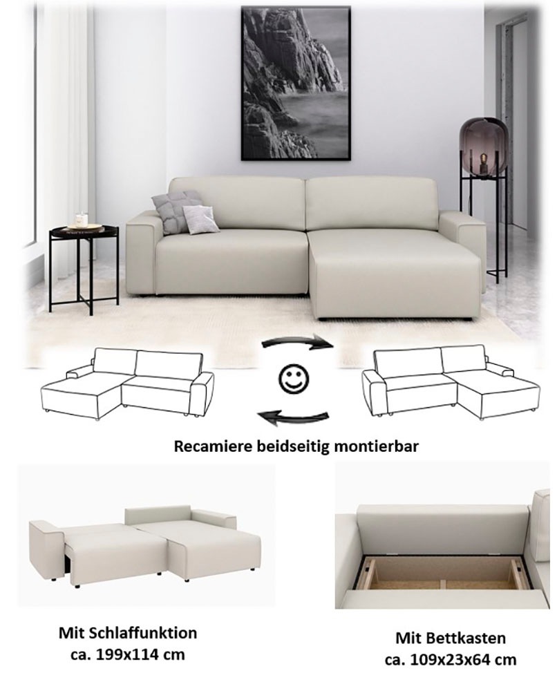 INOSIGN Ecksofa »Chance, Recamiere beidseitig montierbar, Schlaffunktion, Breite 265 cm«, in Struktur LUMOS, mit Schlaffunktion und Bettkasten