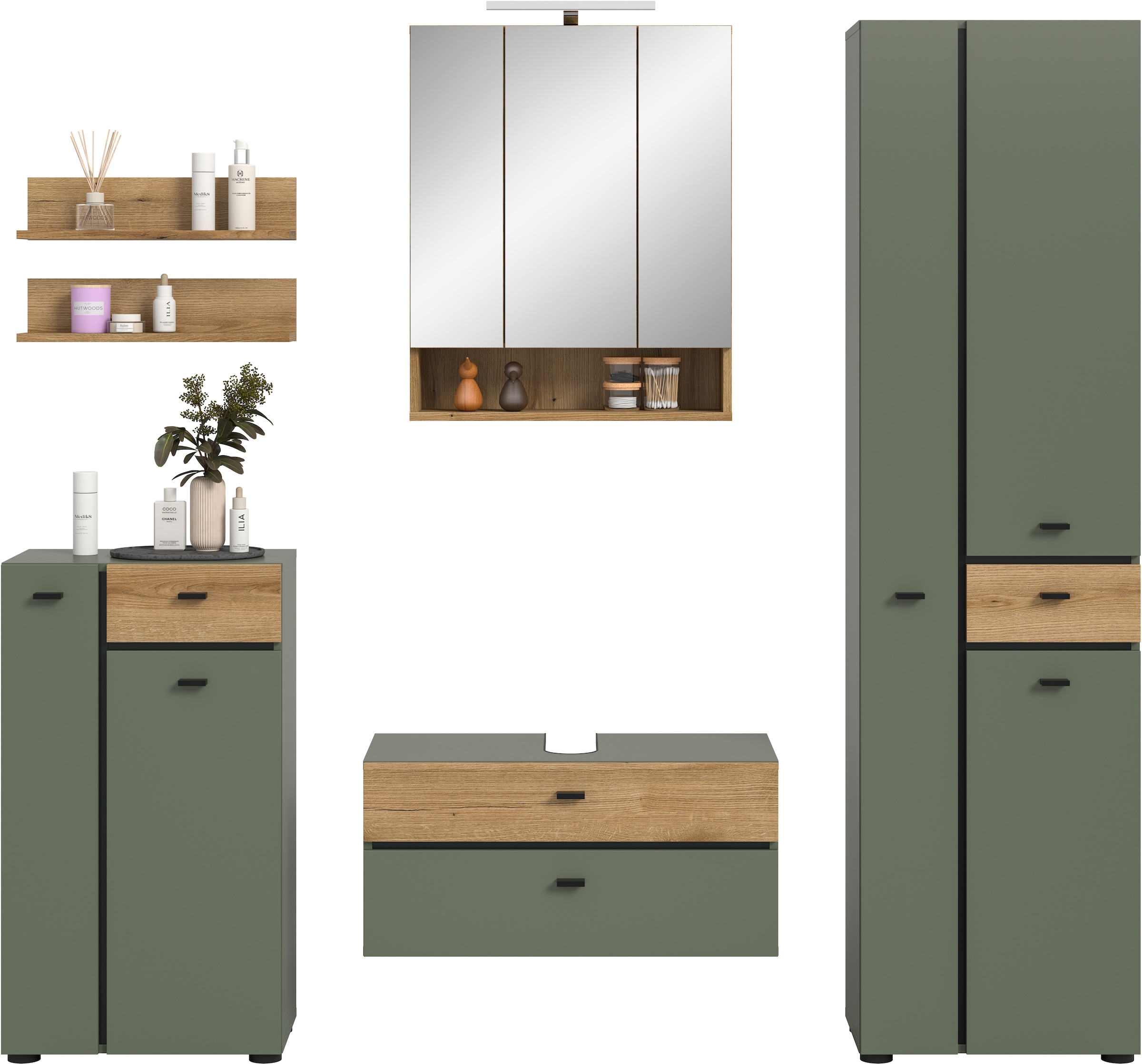welltime Badmöbel-Set »VANN, 6-teilige moderne Badkombination, inkl. Beleuchtung« Midischrank, 2er Set Wandregal, WBU, Spiegelschrank, Hochschrank, 6 Stk. tlg.