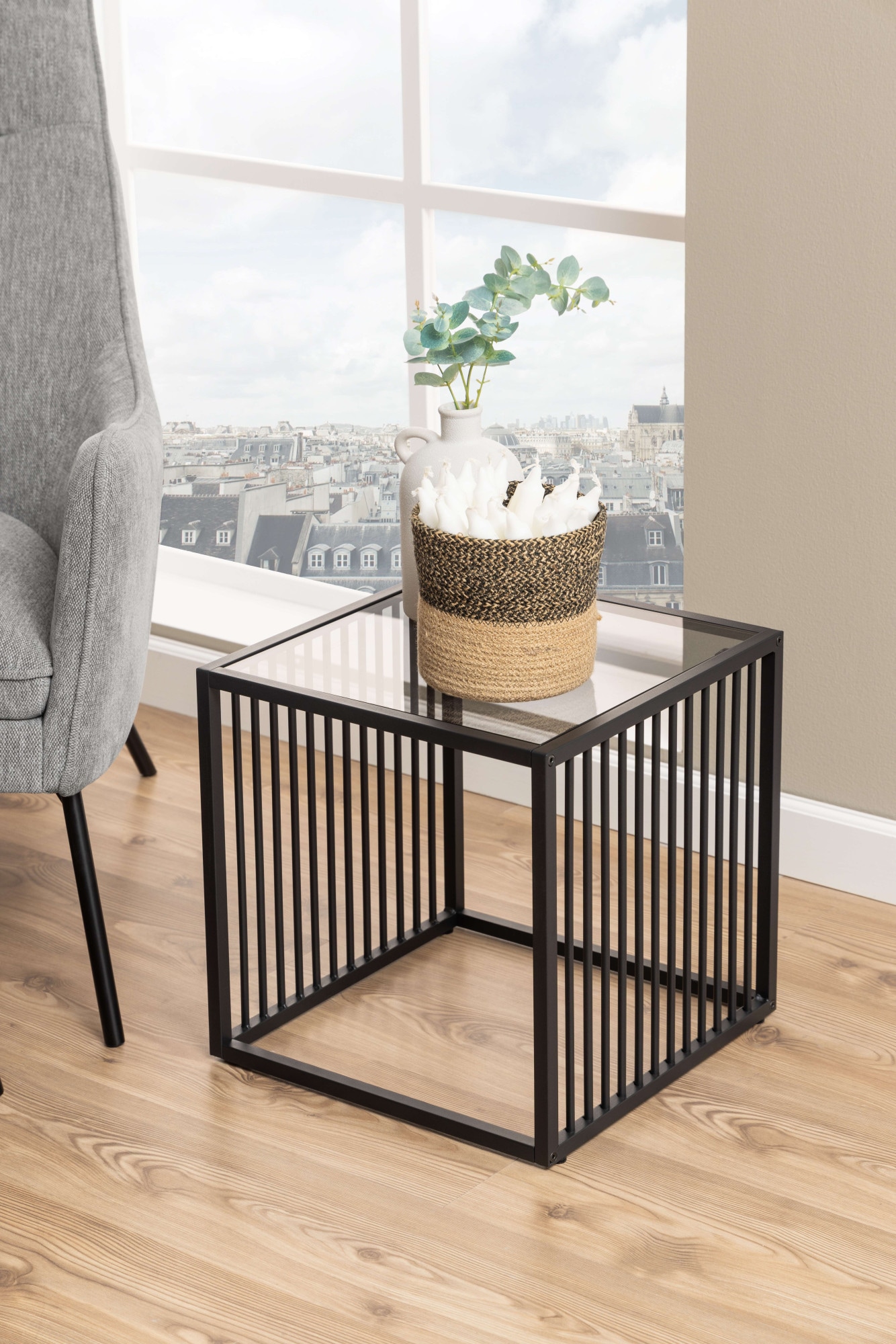 ACTONA GROUP Couchtisch »Strington Beistelltisch«, Ecktisch, schwarzer Marmoroptik, vertikalen Metalllamellen, H: 63 cm