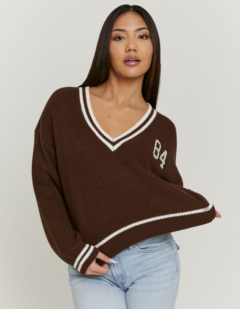 Tally Weijl Strickpullover »SPUACKARIBOU« Kunstfaser, mit tiefem V-Ausschnitt im College-Stil