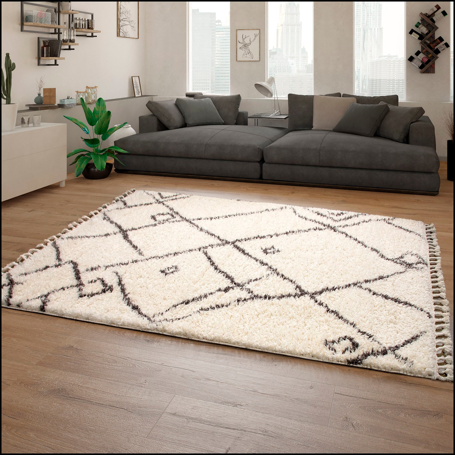 Paco Home Hochflor-Teppich »Orebro 171«, rechteckig, 44 mm Höhe, modernes Rauten Muster, besonders weich & kuschelig, mit Fransen