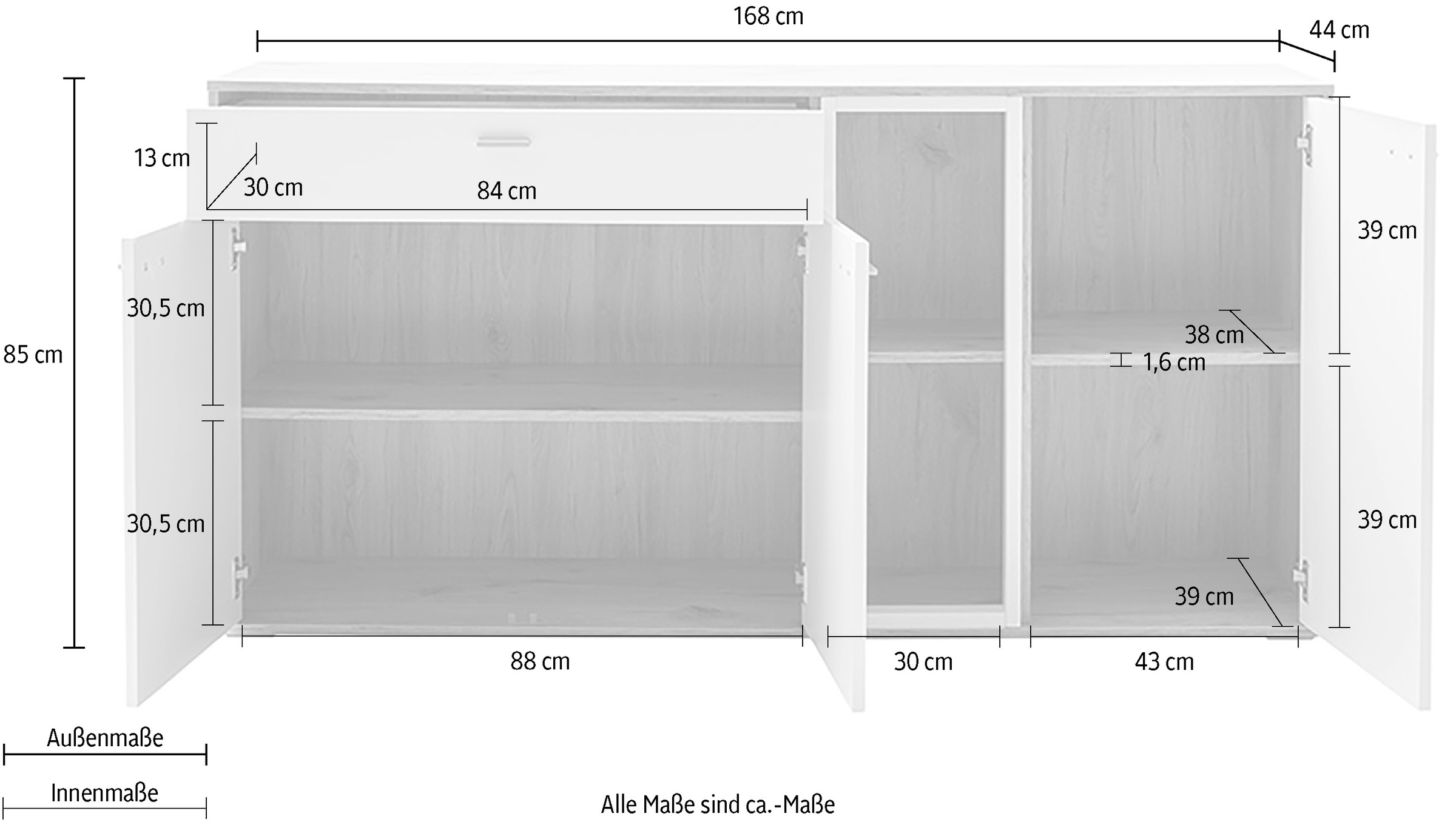 MCA furniture Sideboard »SANTERNO«, mit 3 Türen, 1 Schubkasten, gedämpft, 2 Fächer, Breite 168 cm
