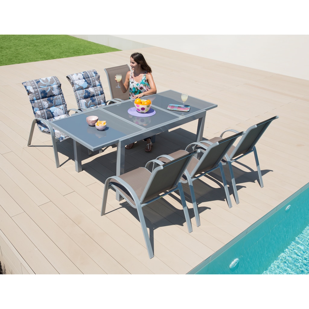 MERXX Garten-Essgruppe »Amalfi«, (7 tlg., 6x Stapelsessel, 1x Ausziehtisch 140(200)x90 cm)