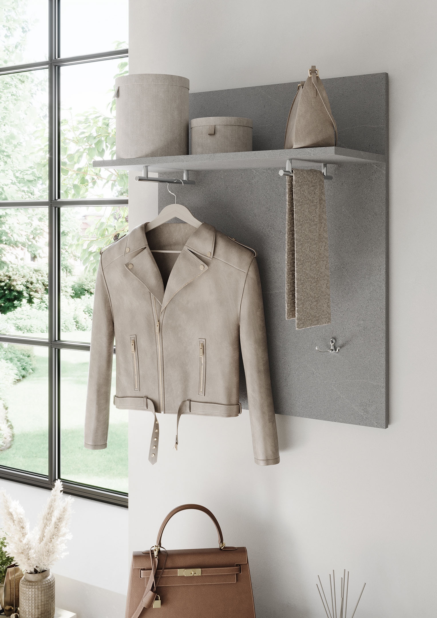 INOSIGN Garderobenpaneel »Pratiko, Breite 63 cm, Höhe 78 cm, Wandpaneel, Wandgarderobe,«, Flurgarderobe mit Ablage, 2 Kleiderstangen, 2 Kleiderhaken