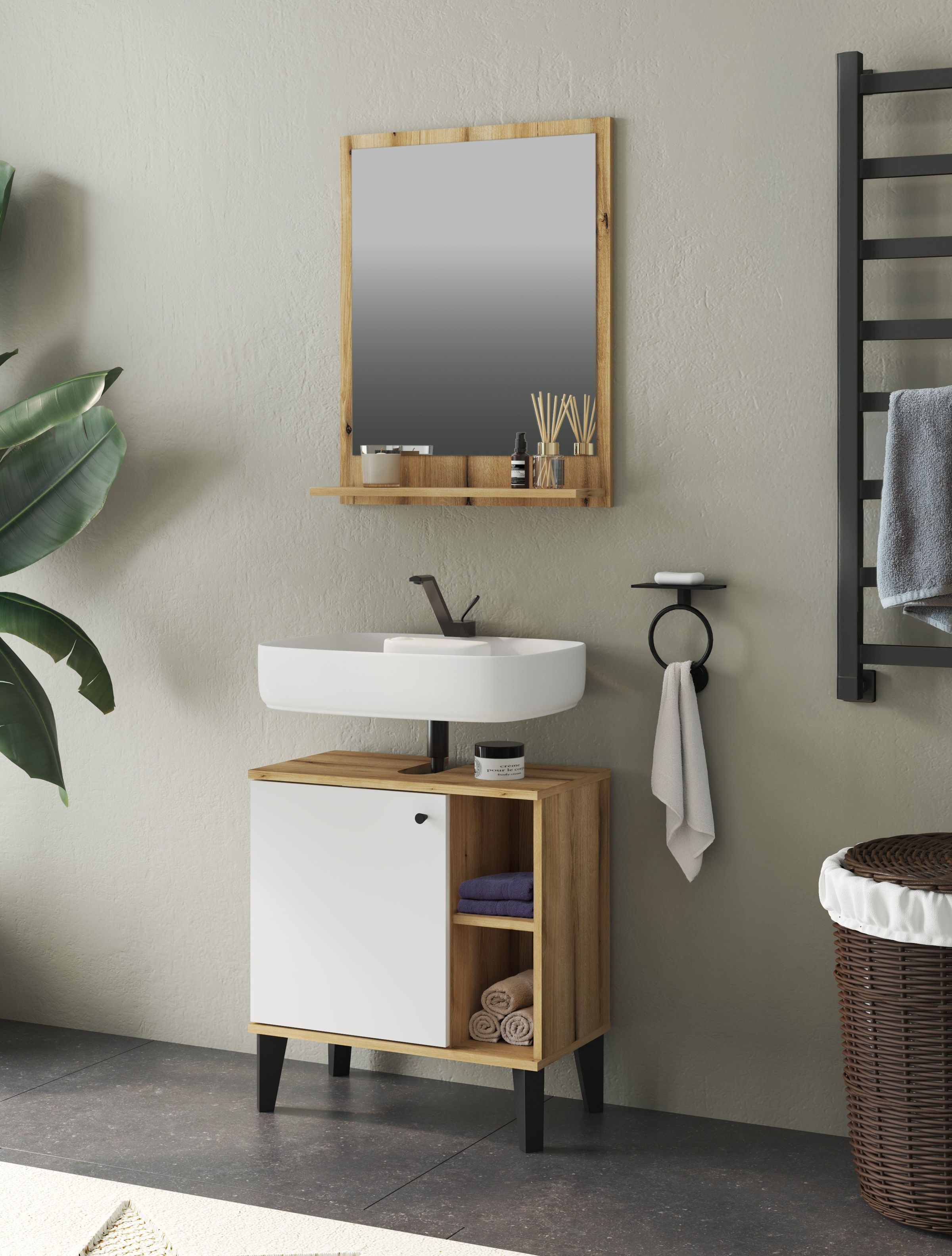 INOSIGN Waschbeckenunterschrank »Oslo, Waschtisch mit Knopfgriff, Badschrank im skandinavischen Design«, in der Türfarbe Weiß oder Grau verfügbar, ausreichend Stauraum