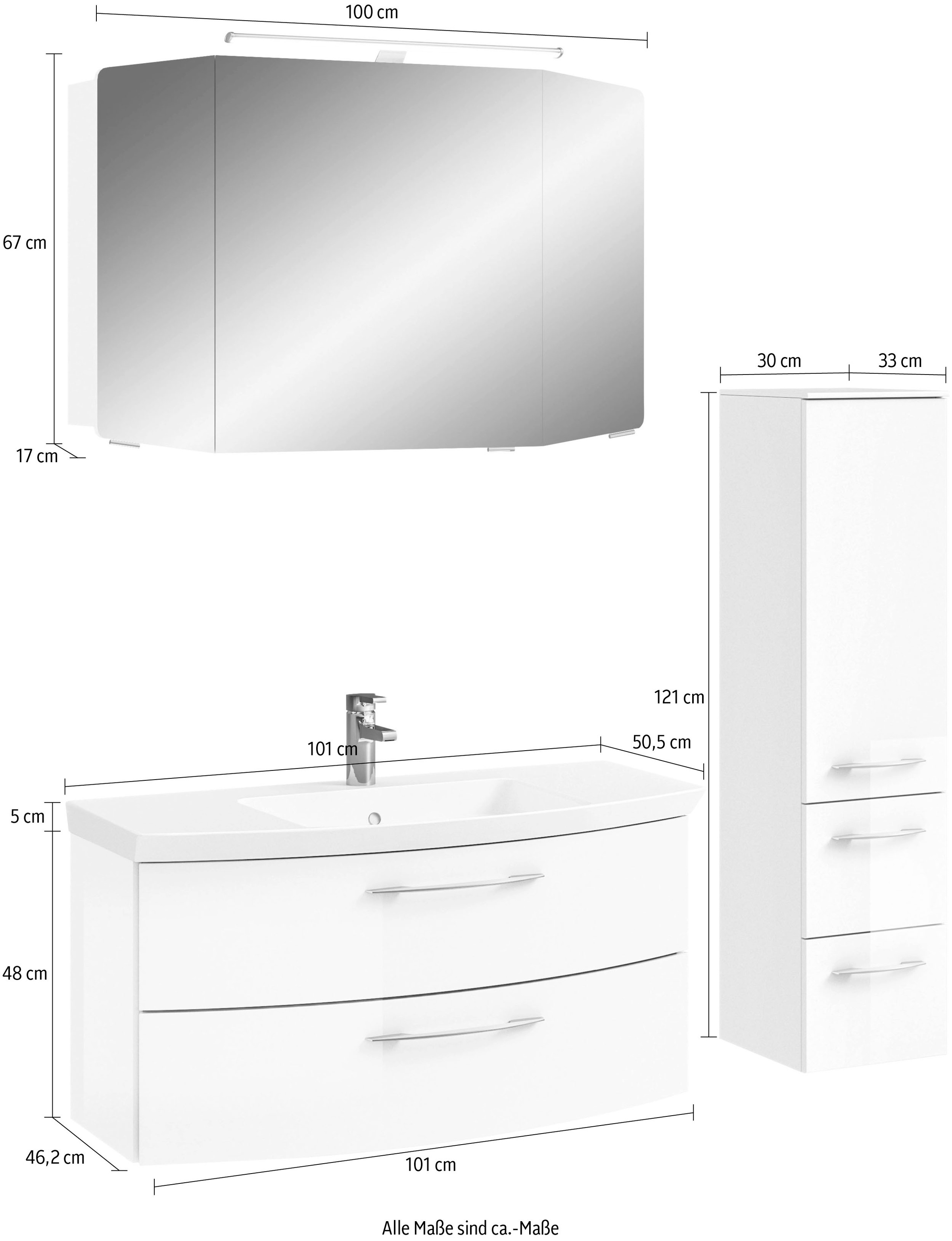 Saphir Badmöbel-Set »Cassca Sprint 3-teilig Mineralmarmor-Waschtisch mit LED-Spiegelschrank«, (4 St.), Midischrank, inkl. Türdämpfer, 4 Türen, 4 Schubladen