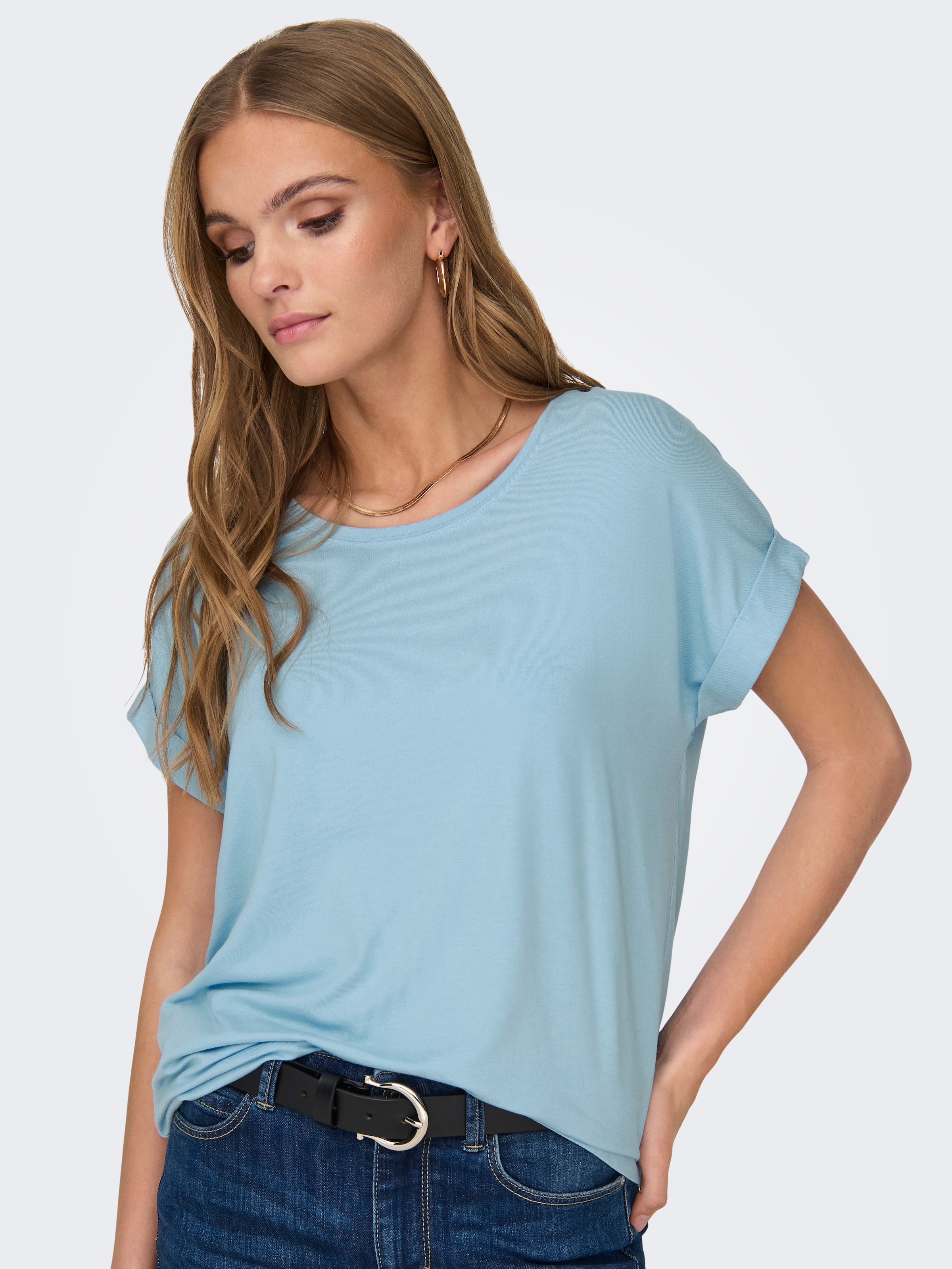 ONLY T-Shirt »ONLMOSTER – Kurzarmshirt mit Aufschlag und klassischem Look« unifarben, casual, regular fit, Viskosemischung, Rundhals