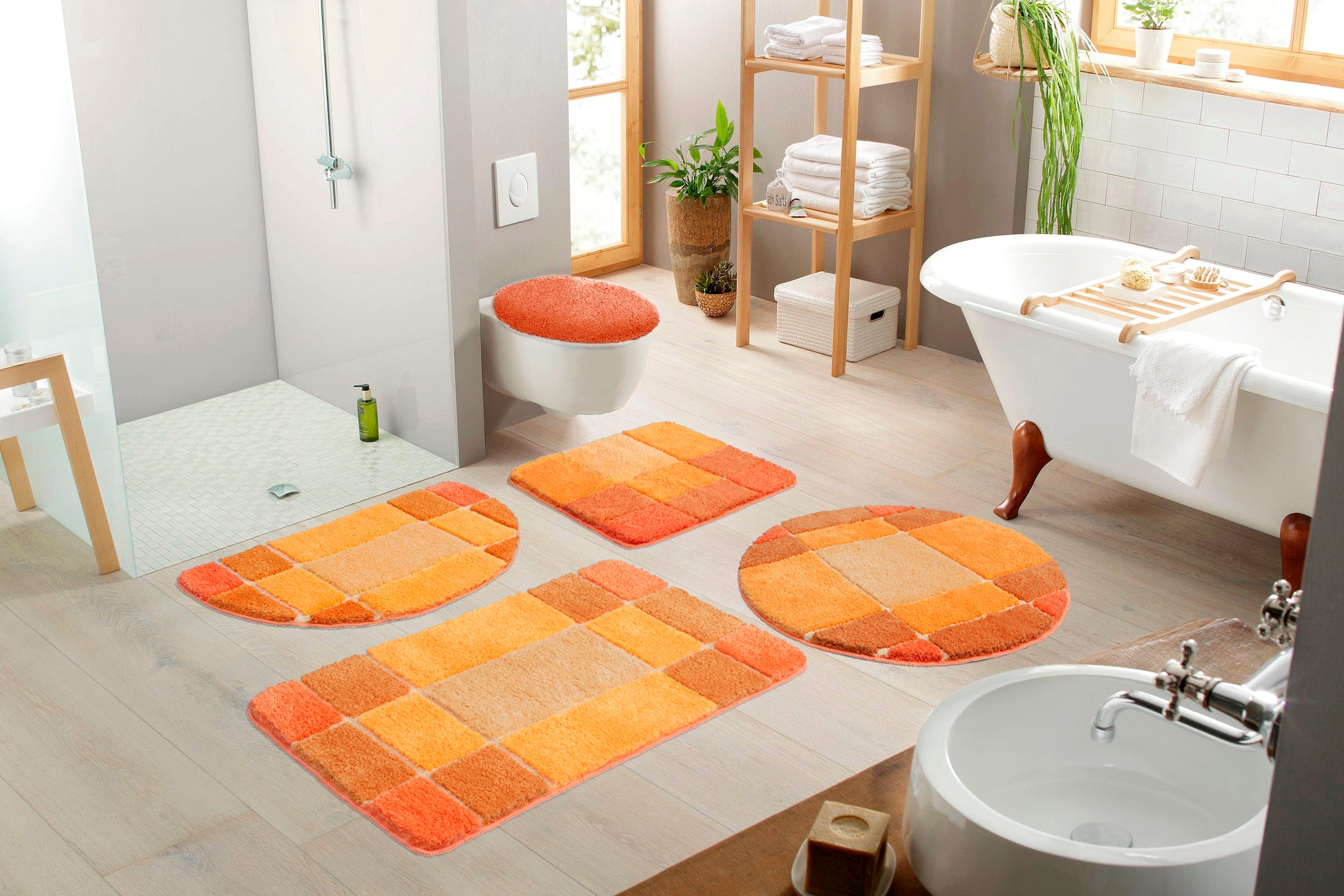 my home Badematte »Pia«, rutschhemmend beschichtet, strapazierfähig-fußbodenheizungsgeeignet-schnell trocknend, Badteppich, karierte Badematten, rechteckig, rund & als 3-tlg. Set