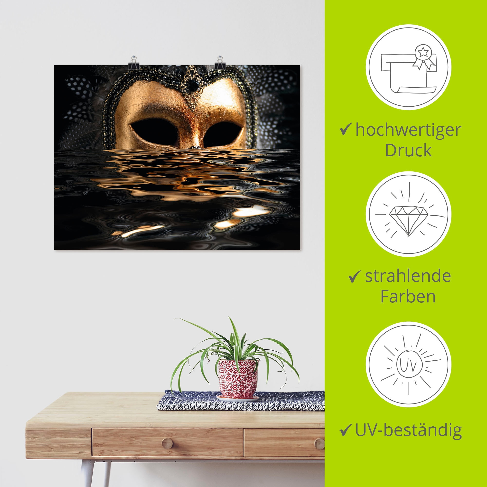 Artland Wandbild »Venezianische Maske mit Blattgold«, Karneval, (1 St.), als Alubild, Outdoorbild, Leinwandbild, Poster, Wandaufkleber