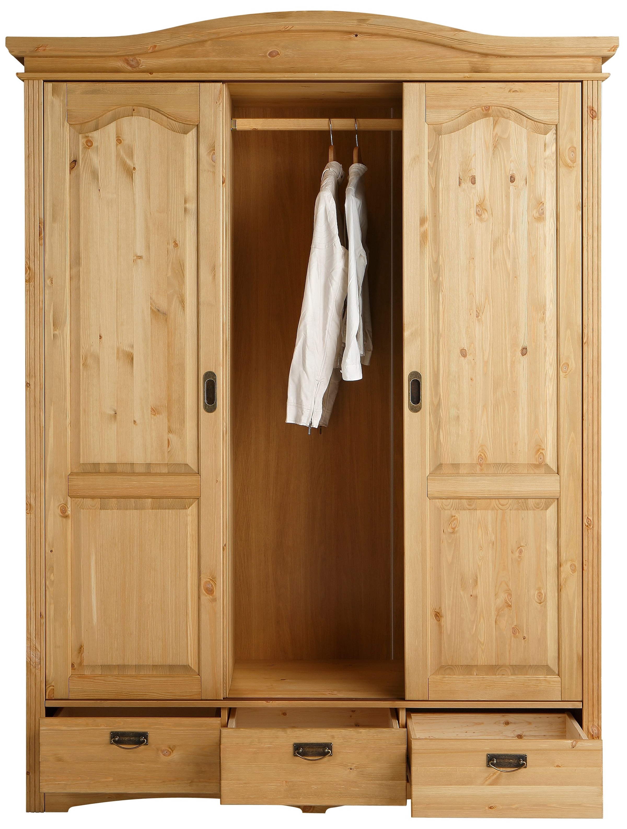 Home affaire Schiebetürenschrank »Konrad, Landhausstil, rustikal, mit Schubladen + Spiegel, Kassetten«, (3 Breiten: 153/202/249 cm H/T ca.207/64 cm), massive Kiefer, FSC®-zertifiziert, Messinggriffe, mehrere Varianten