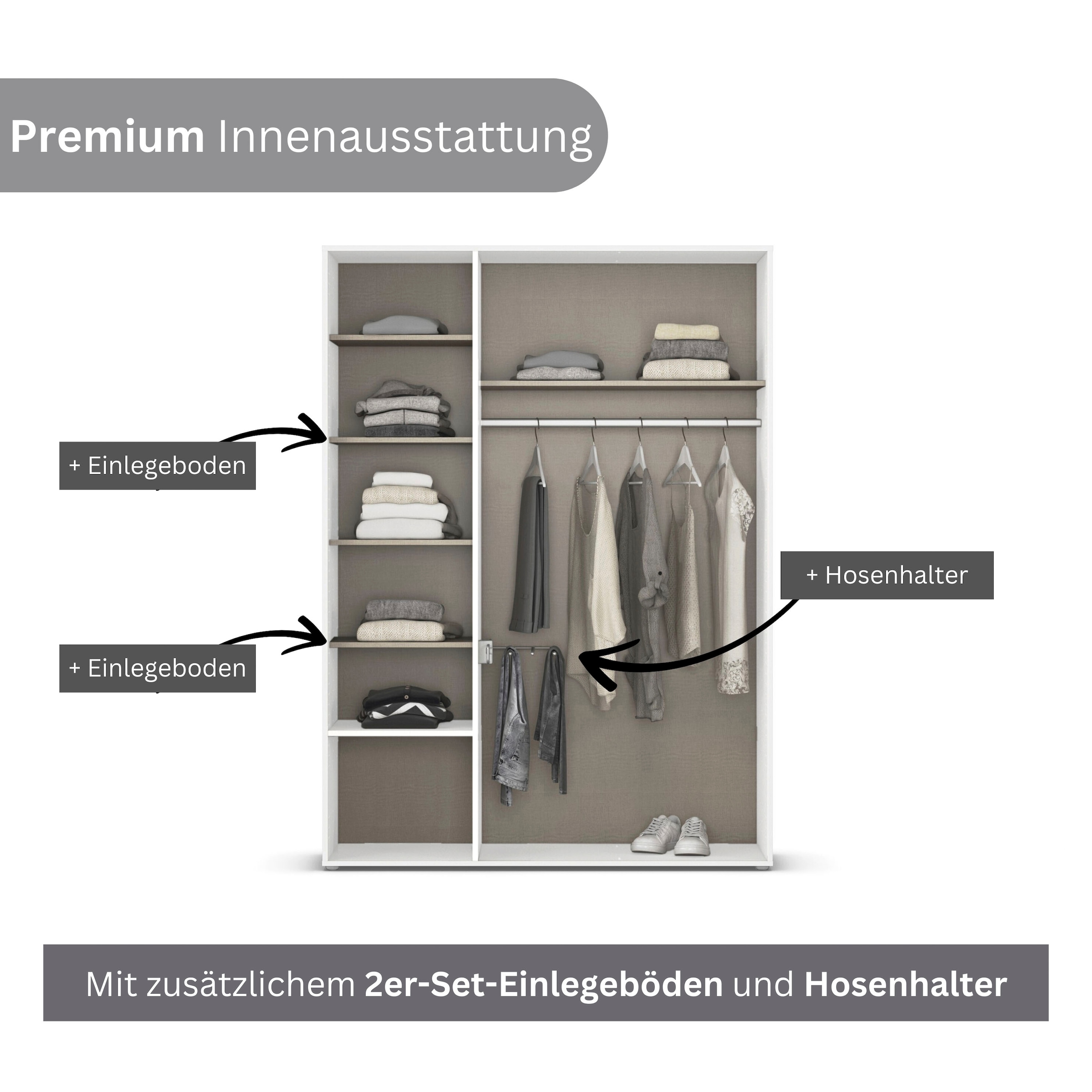 rauch Drehtürenschrank »Kleiderschrank Schrank Garderobe Wäscheschrank SHINJO«, (in 3 verschiedenen Ausstattungen BASIC/CLASSIC/PREMIUM), Griffe und Füße aus Massivholz mit 2 Schubladen MADE IN GERMANY