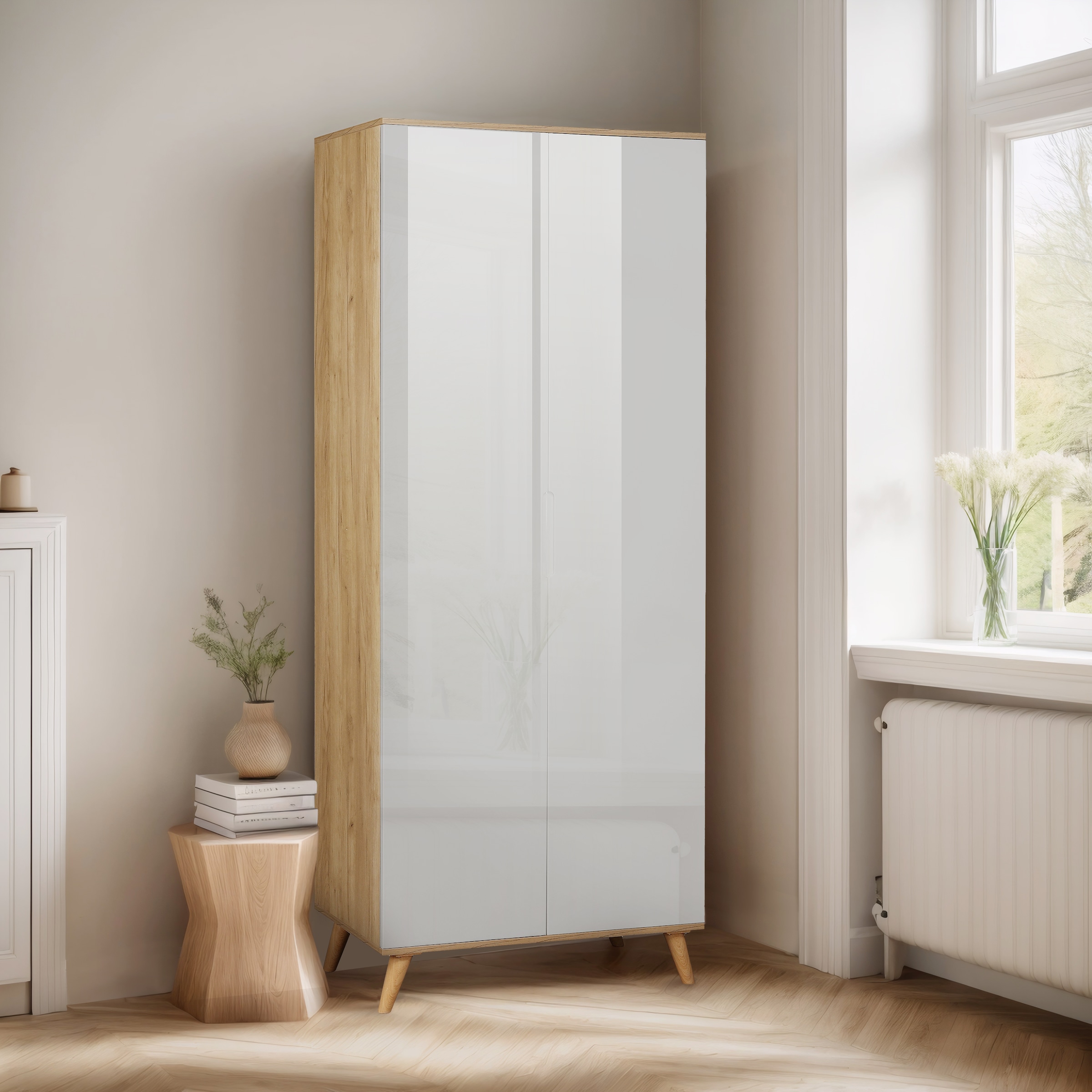 andas Kleiderschrank »Lund Schlafzimmerschrank Bestseller im skandinavischem Design«, Garderobenschrank mit Premium Innenausstattung, Breite 80 cm hochglanz